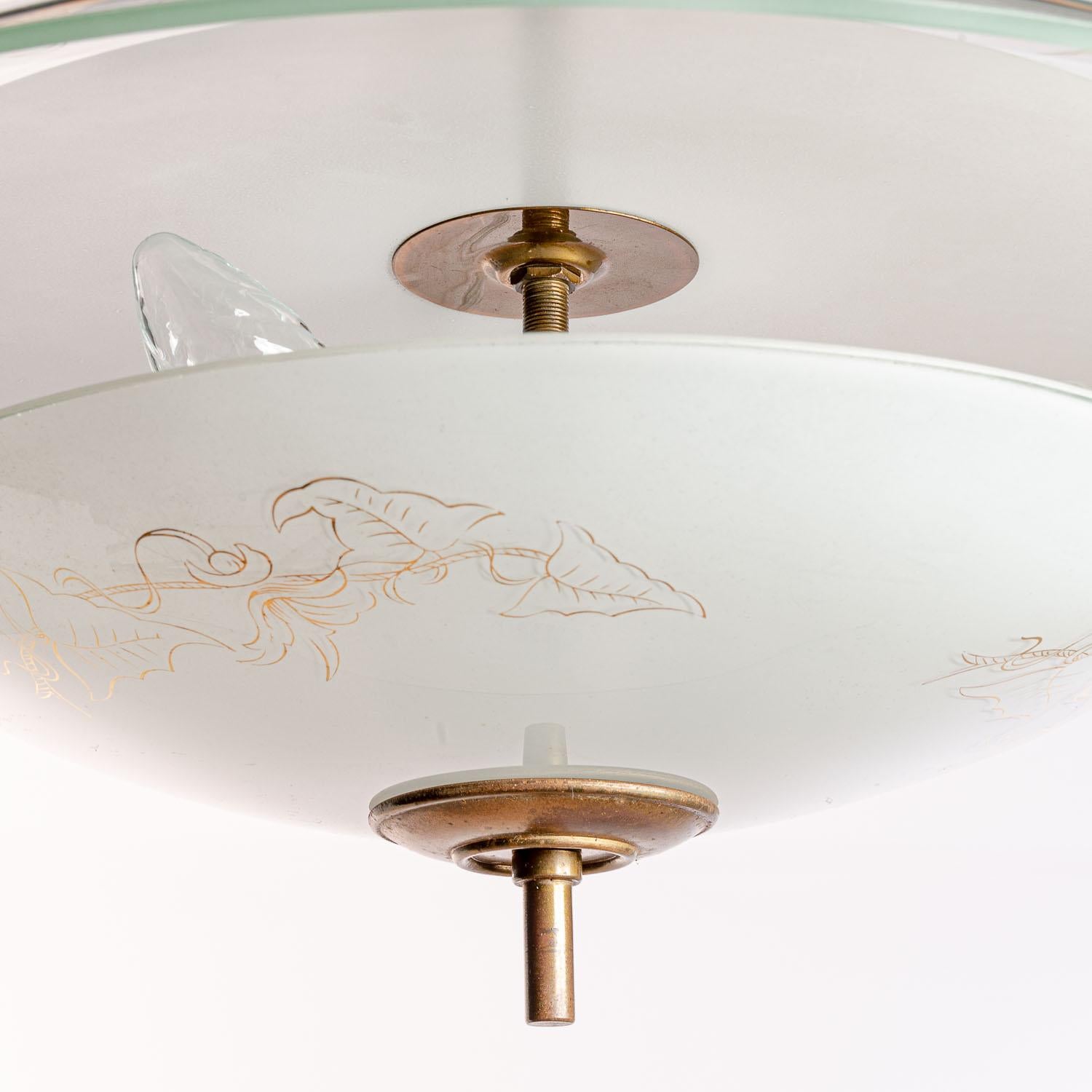 1950's Painted & Etched Glass and Brass Pendant in the Style of Pietro Chiesa For Sale 2