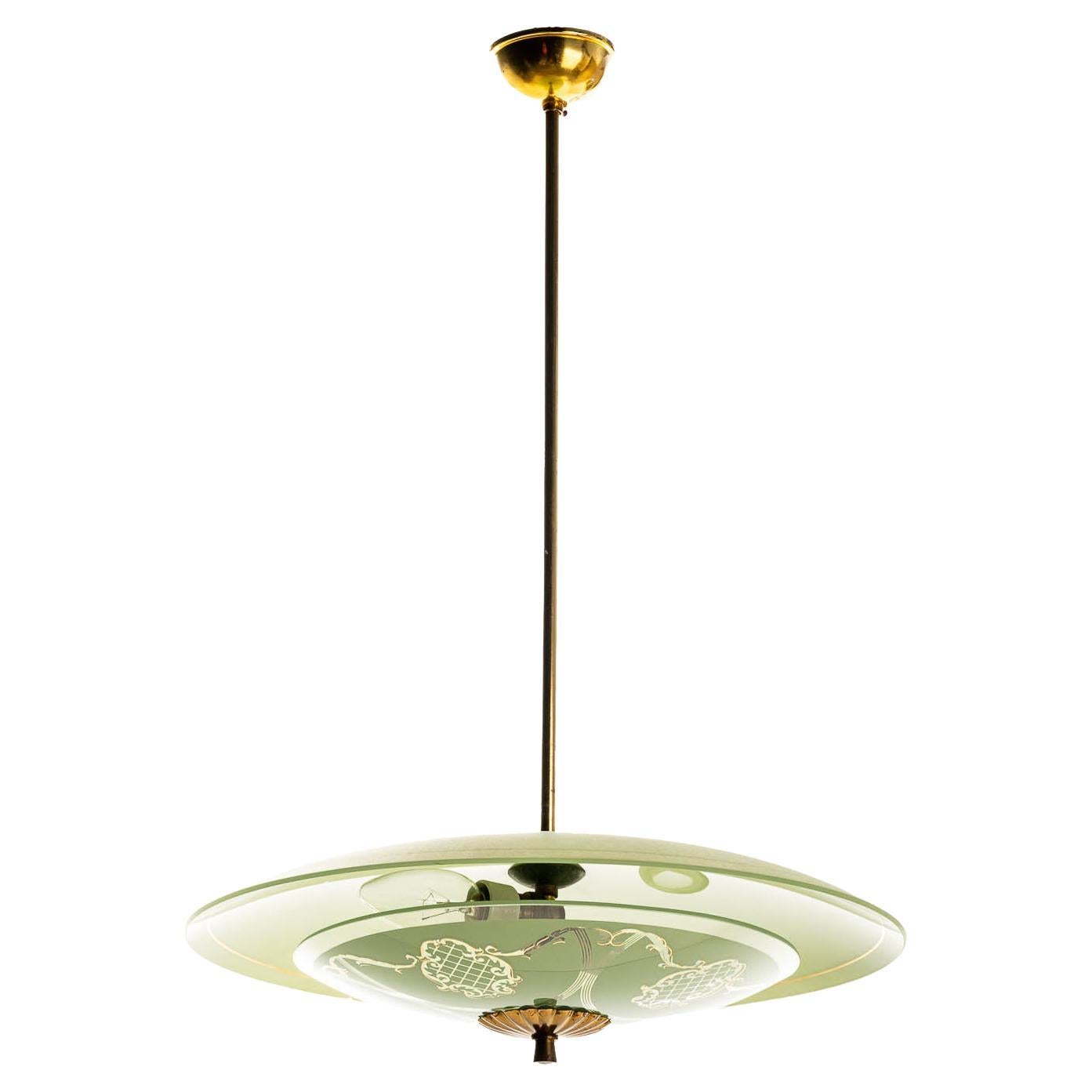 1950's Painted & Etched Glass and Brass Pendant in the Style of Pietro Chiesa