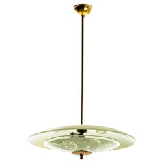 1950's Painted & Etched Glass and Brass Pendant in the Style of Pietro Chiesa