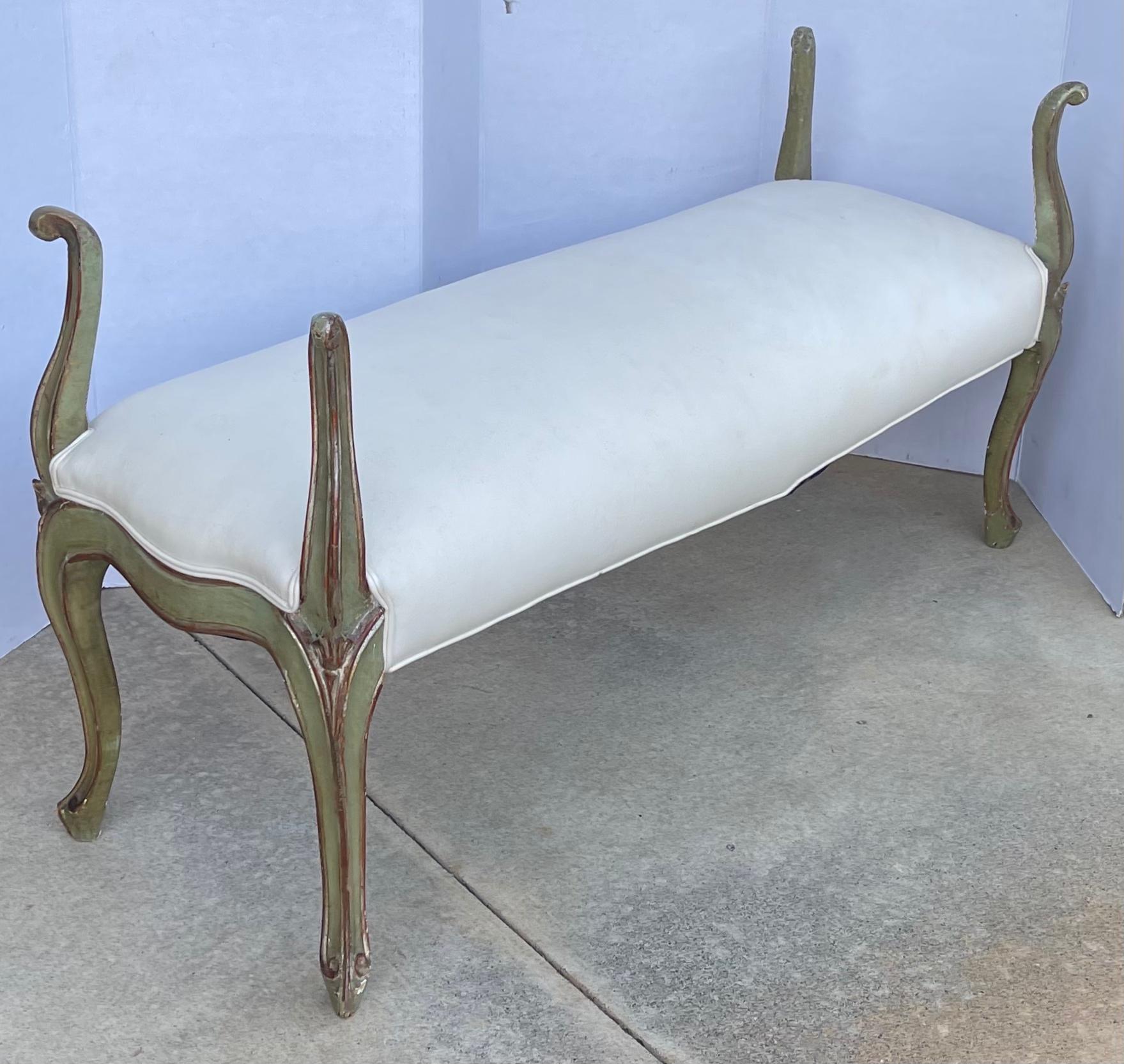 French Provincial 1950s Painted Green and Carved Silver Gilt Venetian Bench For Sale