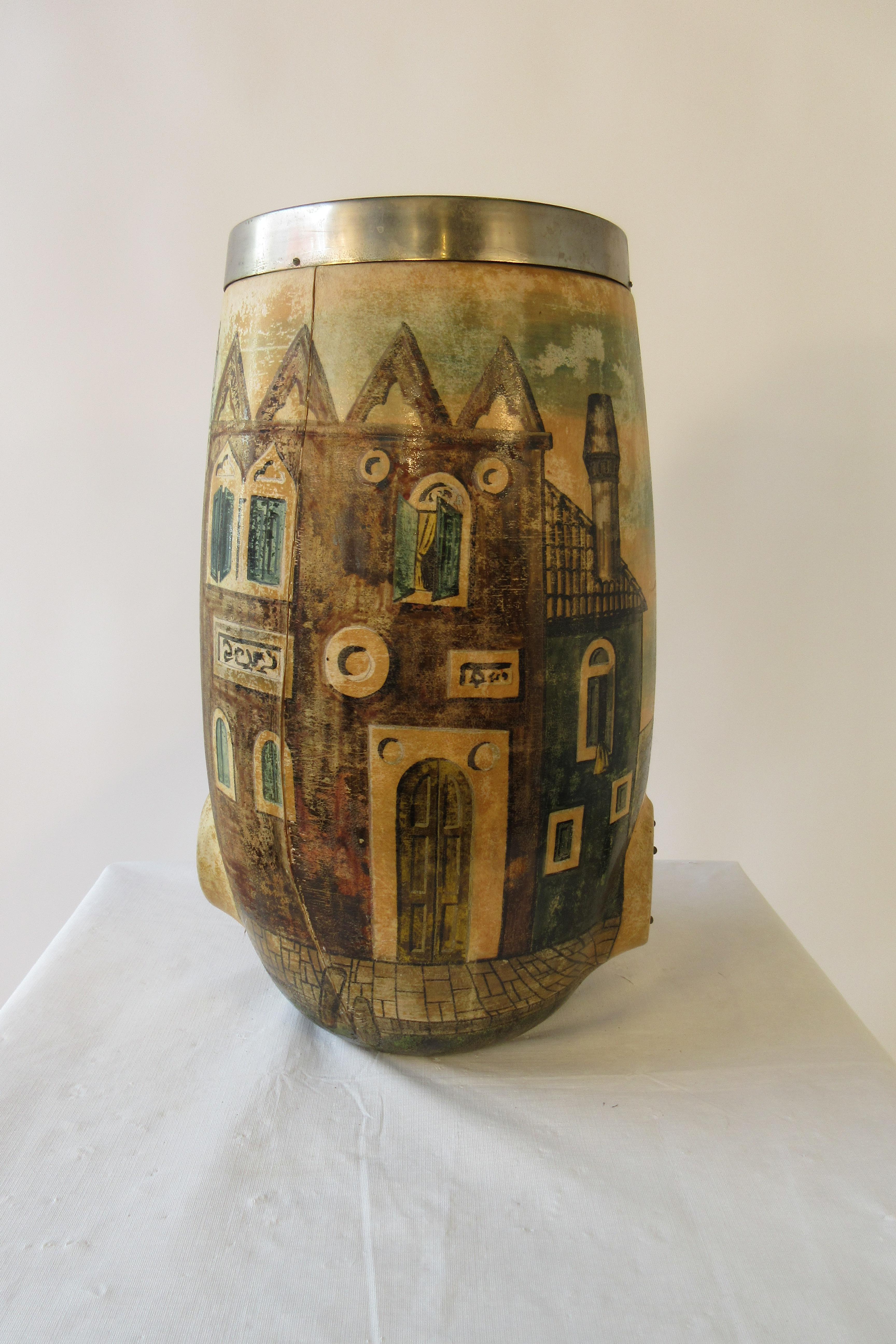 1950s painted wood umbrella stand. Village scene depicted.