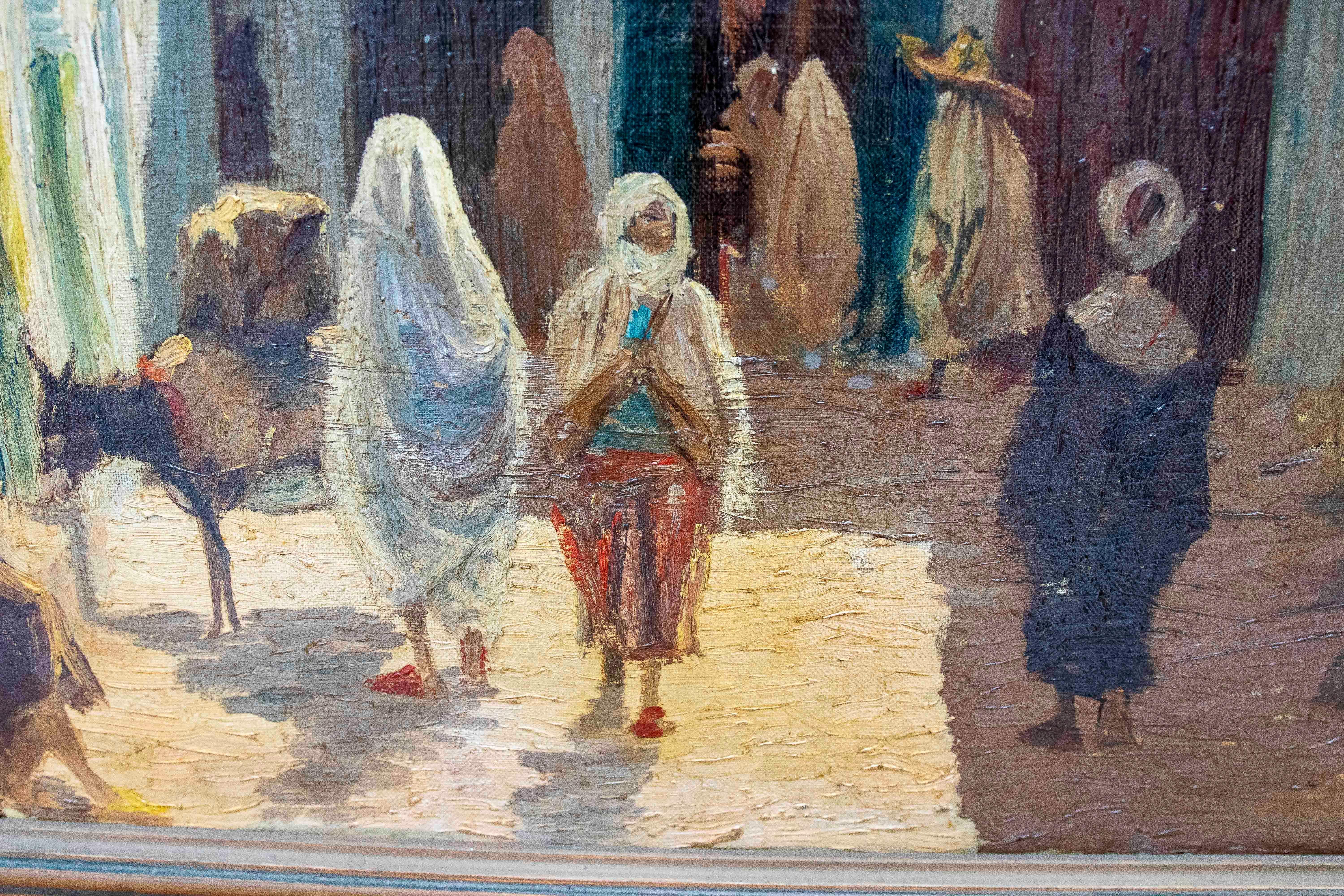 1950s Painting of a Street Scene with Figures & a Traditional Maghrebi Courtyard For Sale 6