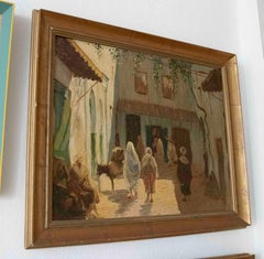 1950er Jahre Gemälde einer Straßenszene mit Figuren & einem traditionellen maghrebinischen Innenhof