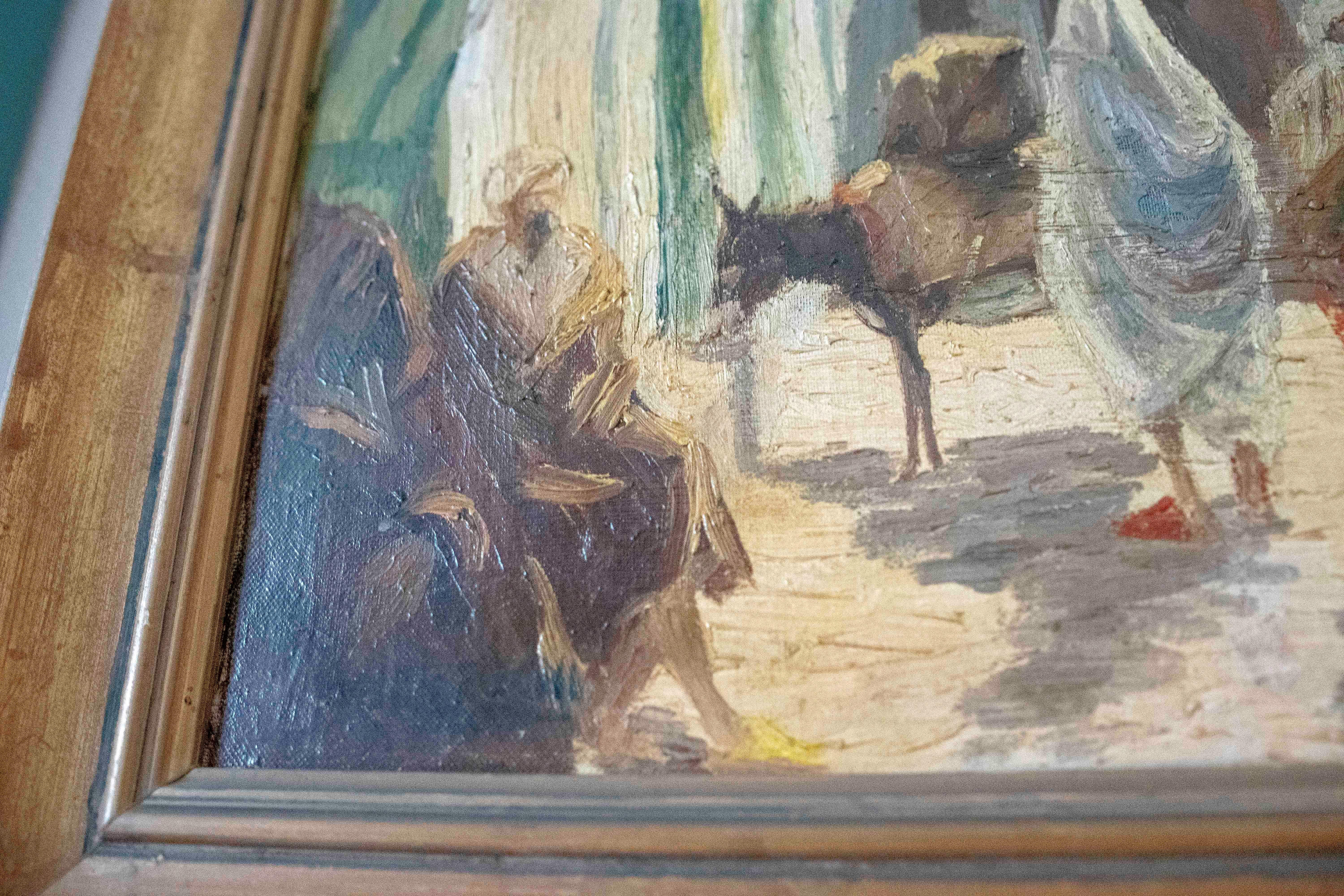 Moroccan 1950s Painting of a Street Scene with Figures & a Traditional Maghrebi Courtyard For Sale