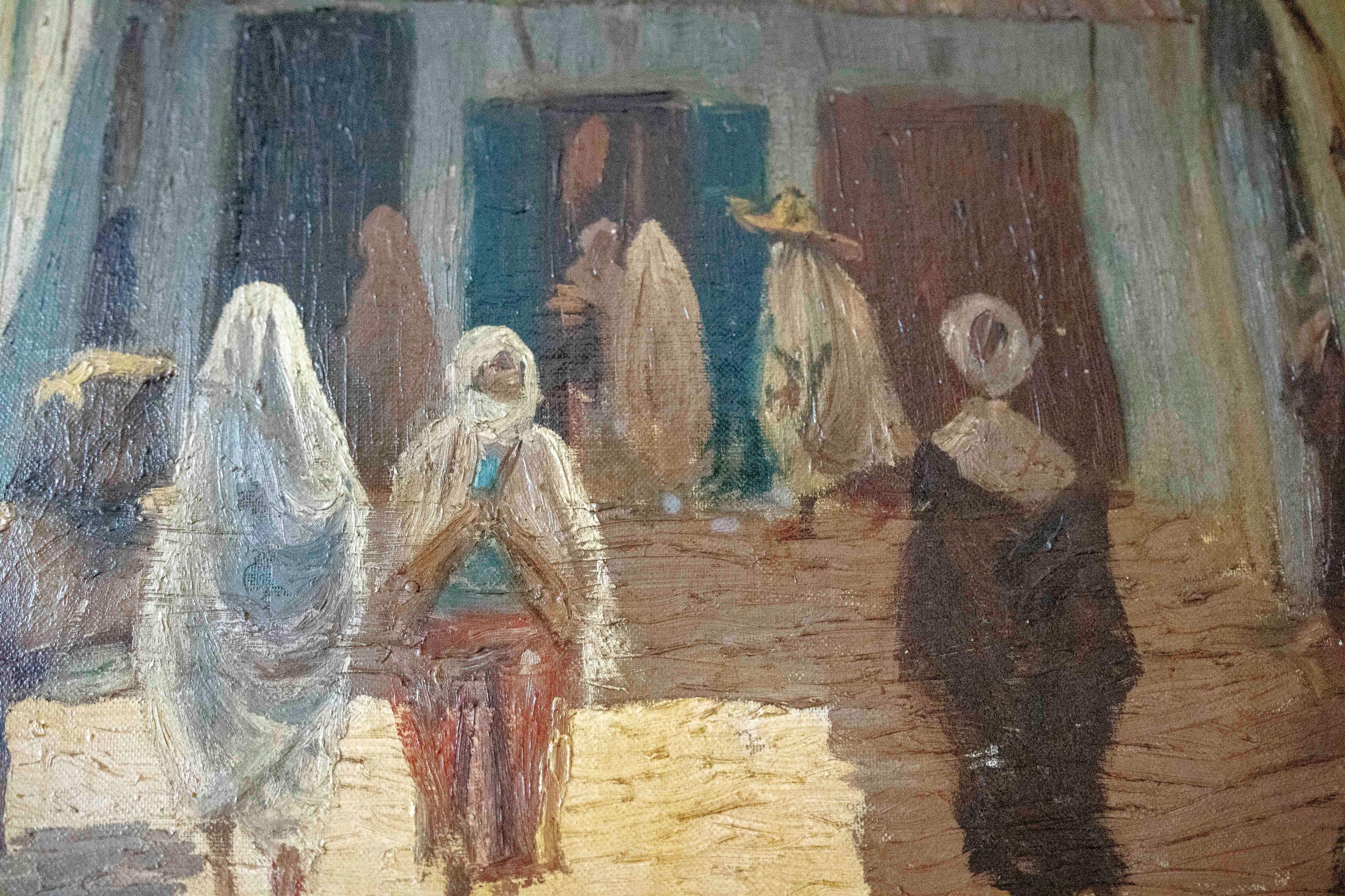 1950s Painting of a Street Scene with Figures & a Traditional Maghrebi Courtyard In Good Condition For Sale In Marbella, ES