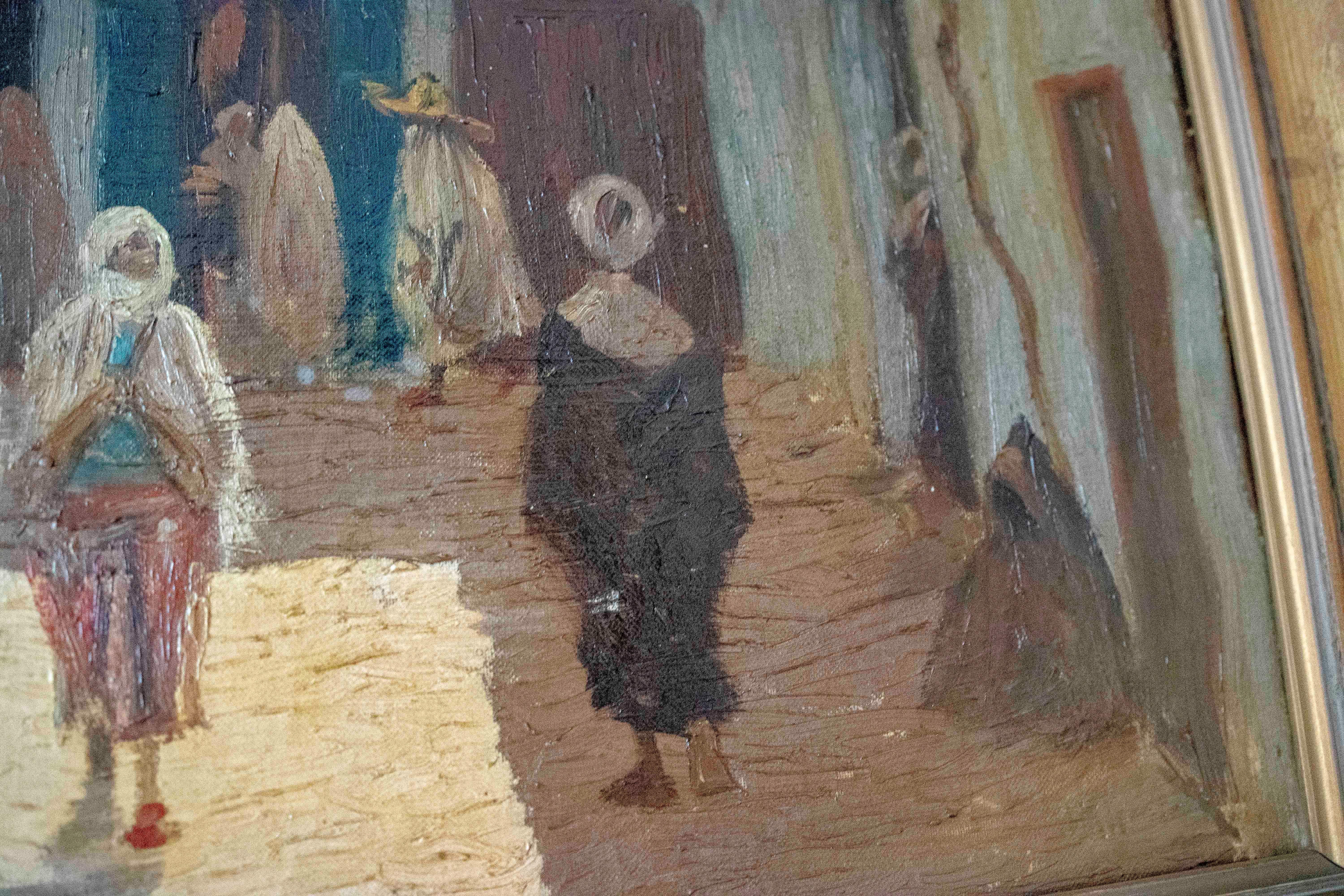 Mid-20th Century 1950s Painting of a Street Scene with Figures & a Traditional Maghrebi Courtyard For Sale