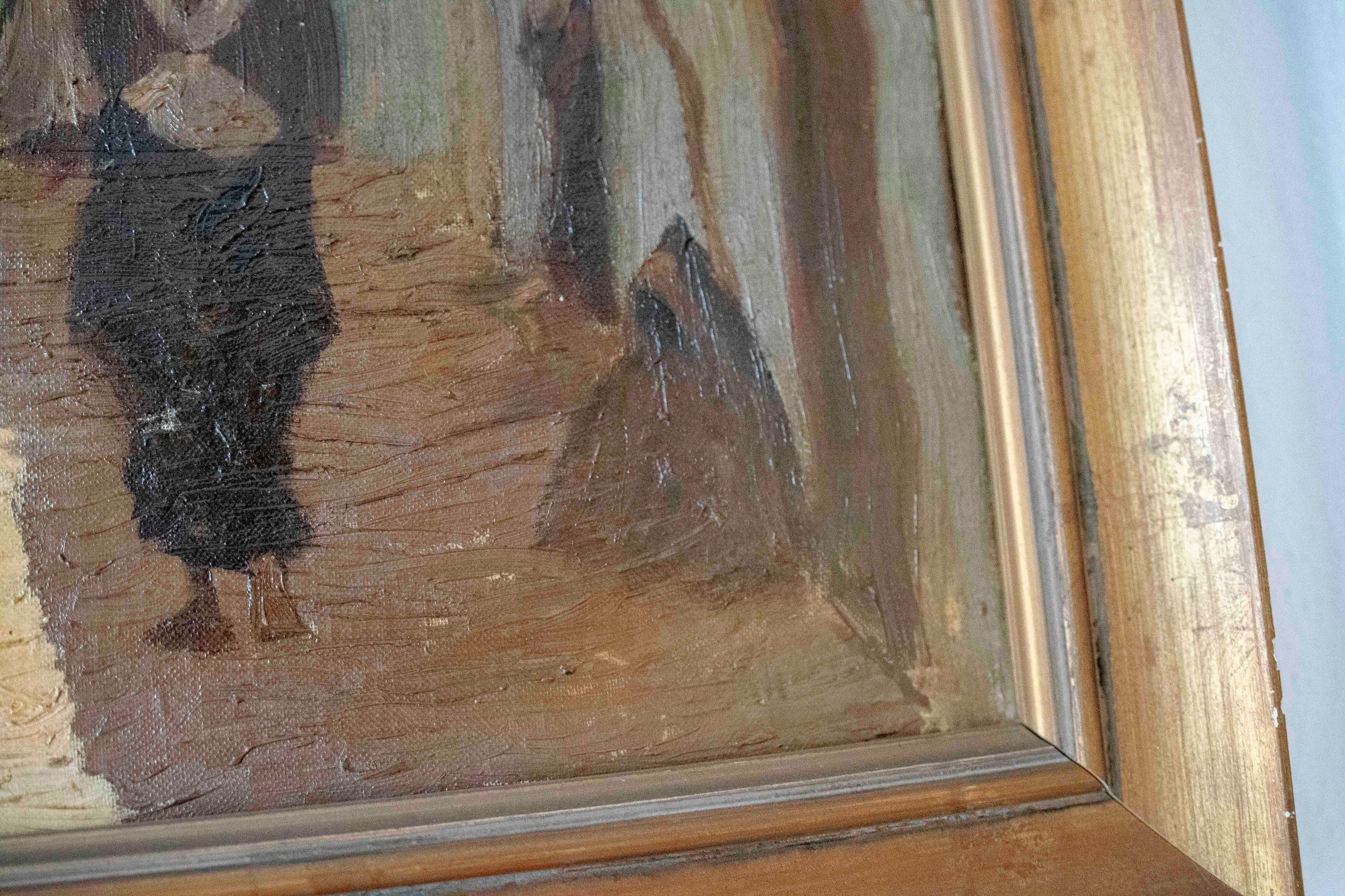 Canvas 1950s Painting of a Street Scene with Figures & a Traditional Maghrebi Courtyard For Sale