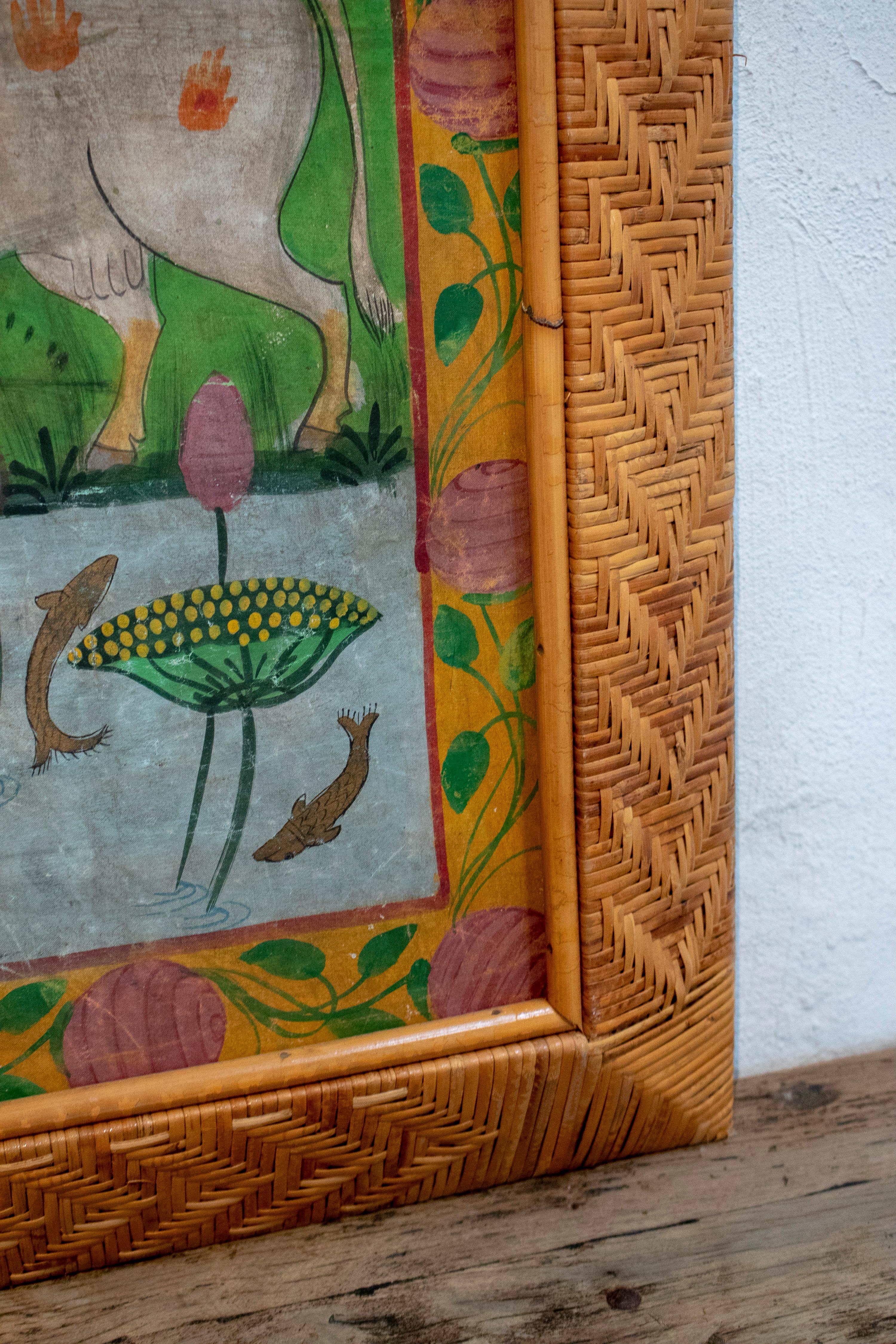 1950s Painting on Cloth with a 1970s Wicker Frame 6