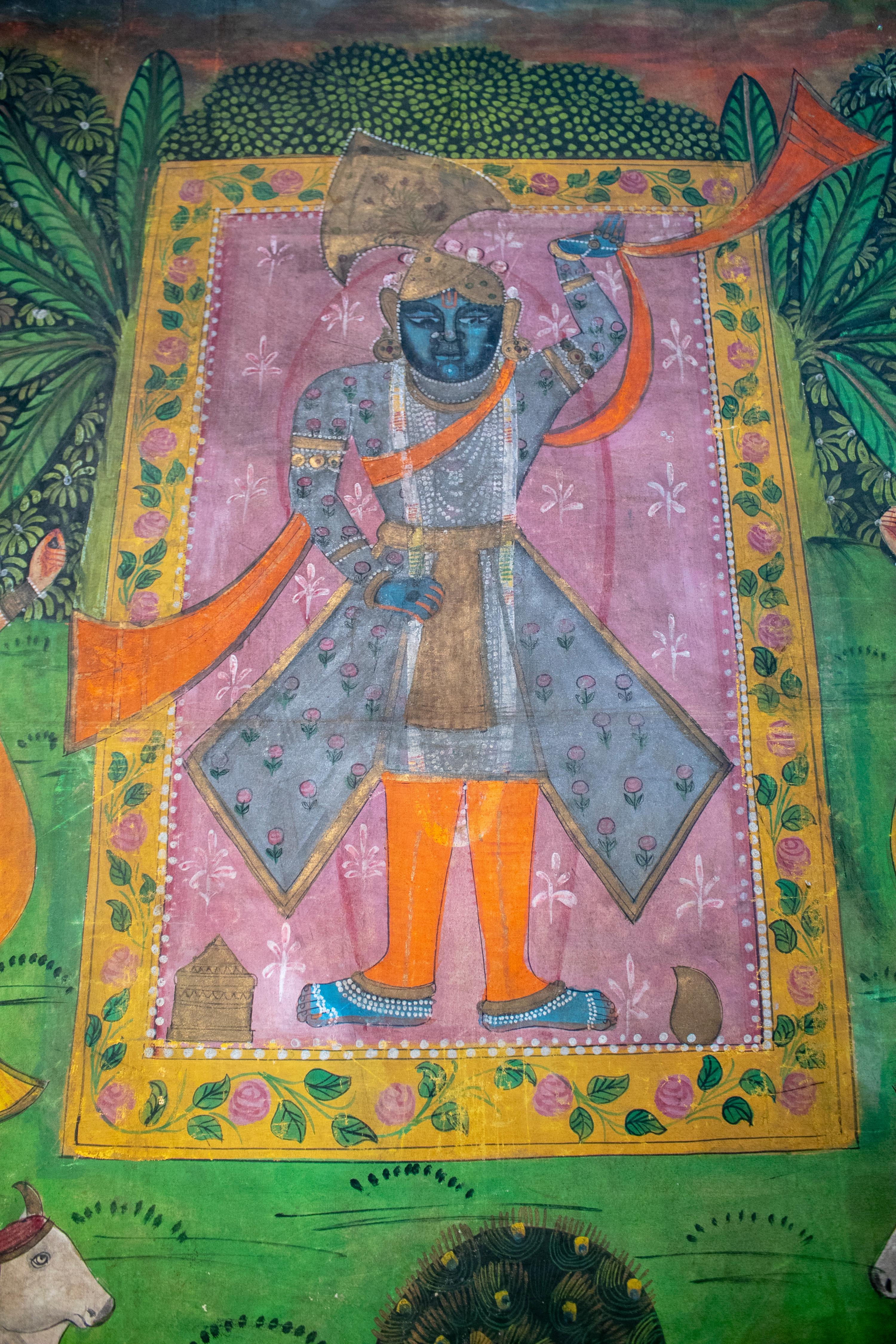 Indian 1950s Painting on Cloth with a 1970s Wicker Frame