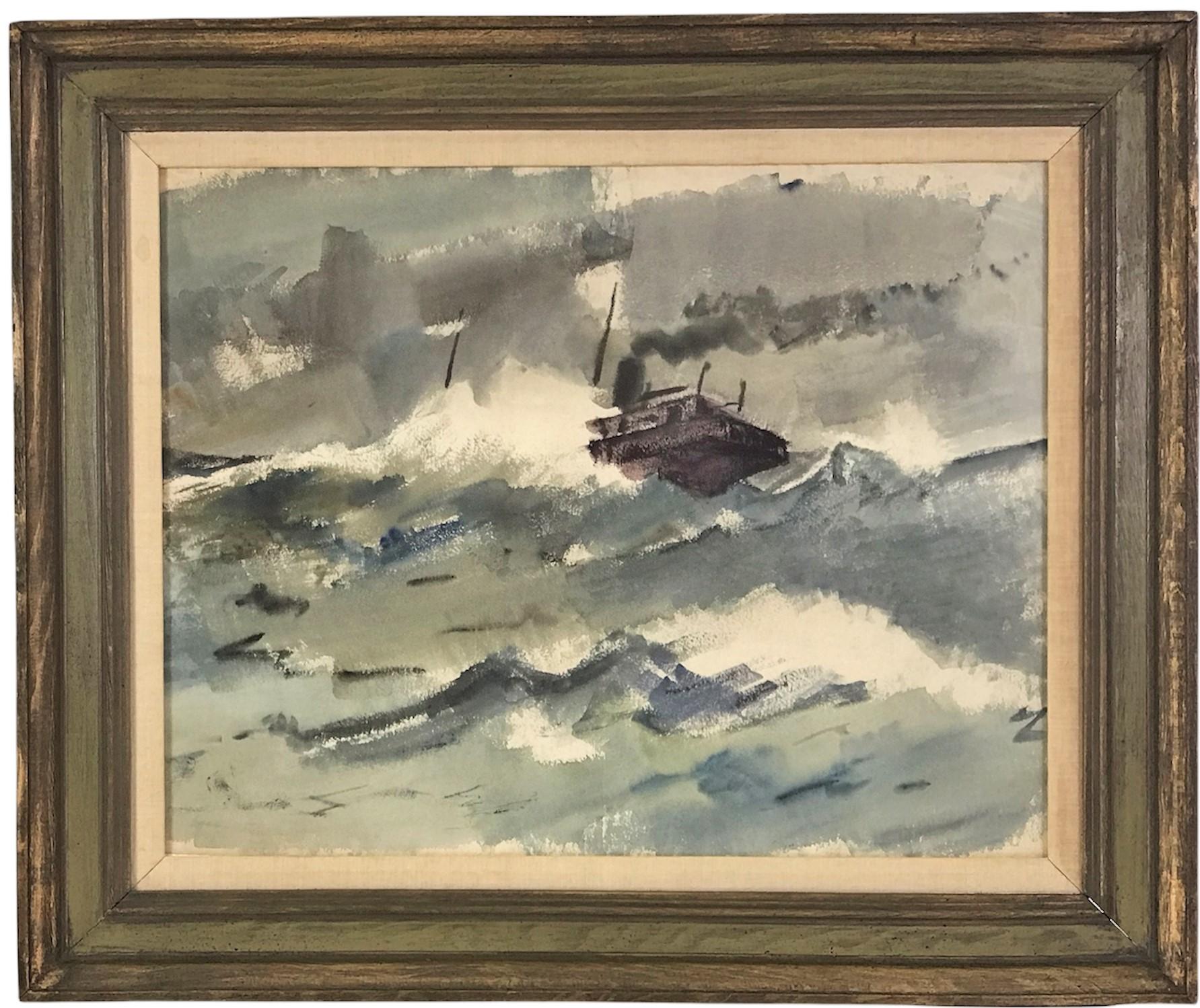 Casein on paper artwork by 1950s unknown NYC Artist depicting a steam ship dealing with a stormy day at sea.  Soft shades of grays and light blues gives a feeling of a serene picture but the dark brown color of the ship and rough sea brings the
