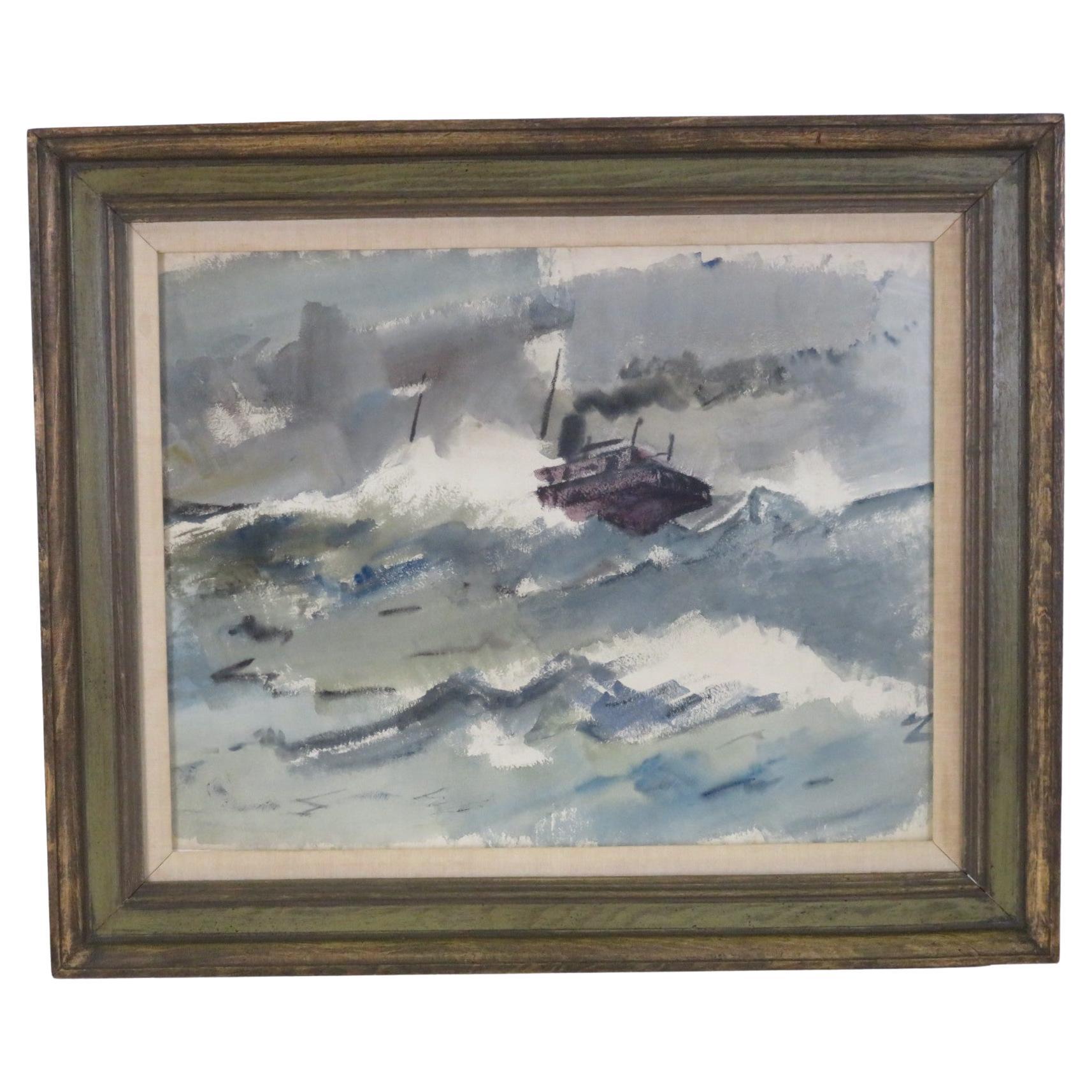 1950s Painting "Stormy Night" Casein on Paper by New York Artist