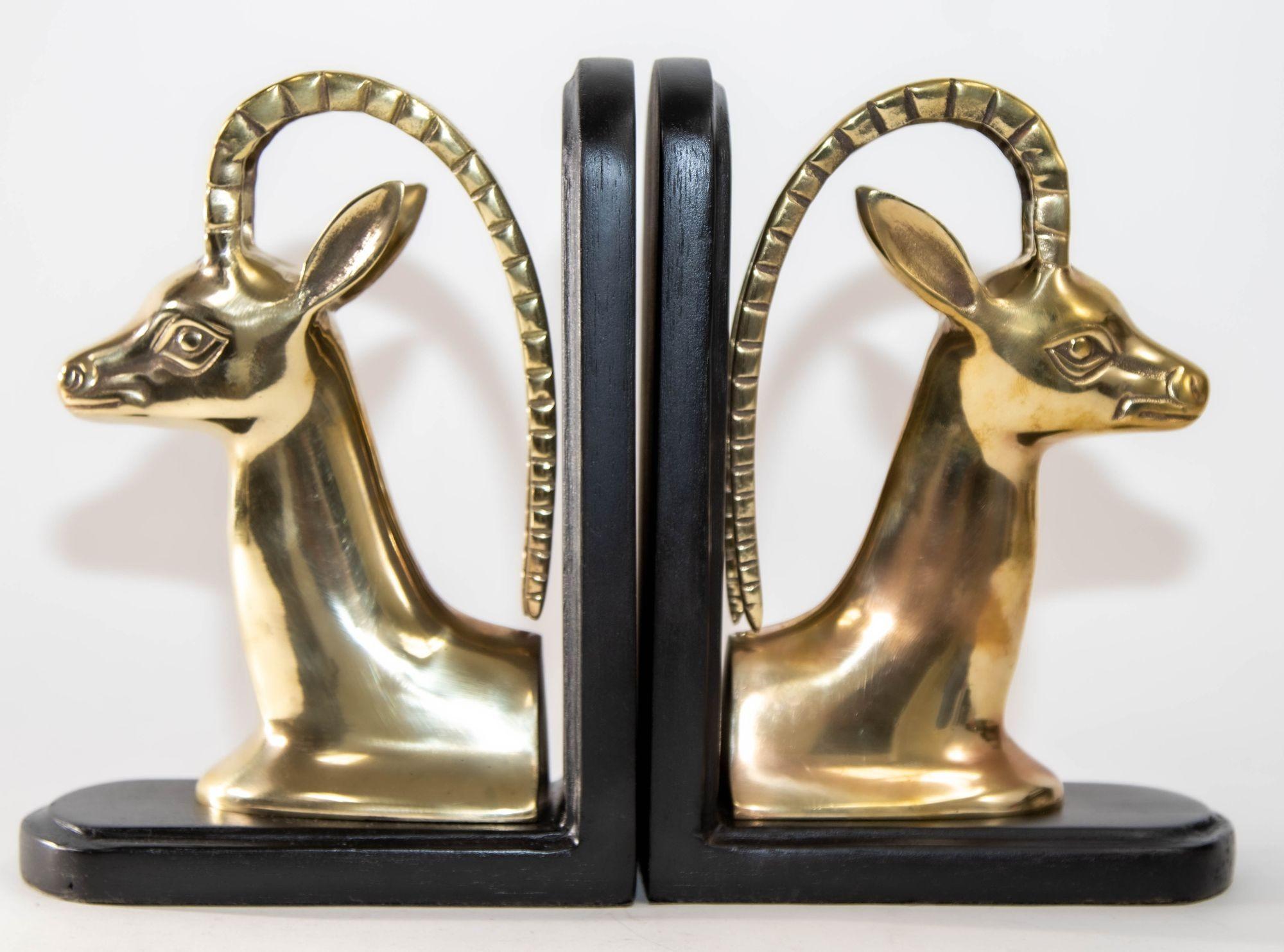 1950s Pair Art Deco Revival Polished Brass Gazelle Antelope Mount Bookends For Sale 3