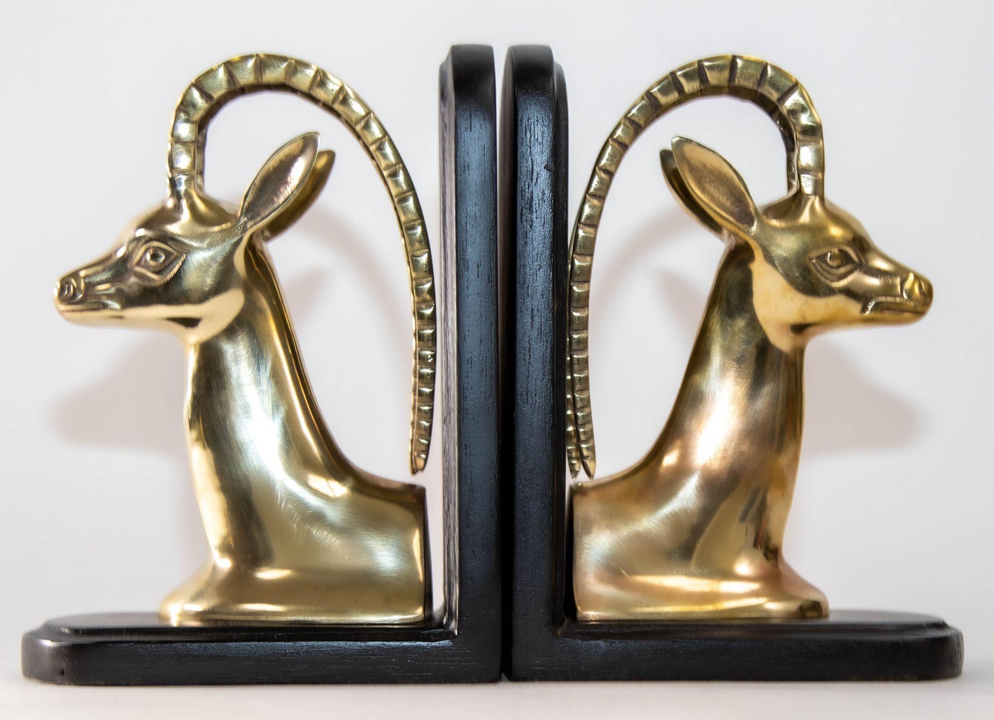 1950s Pair Art Deco Revival Polished Brass Gazelle Antelope Mount Bookends For Sale 4