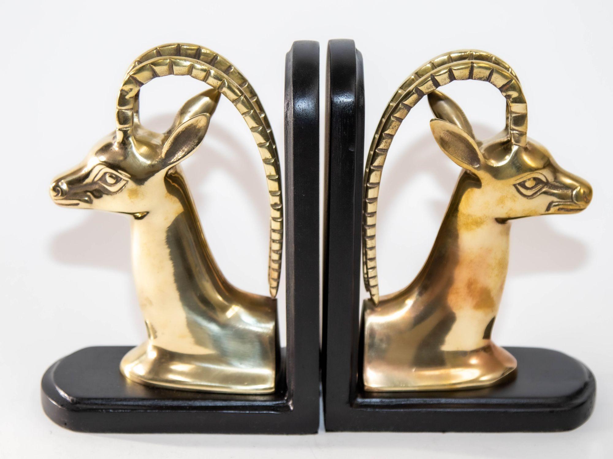 1950s Pair Art Deco Revival Polished Brass Gazelle Antelope Mount Bookends For Sale 6
