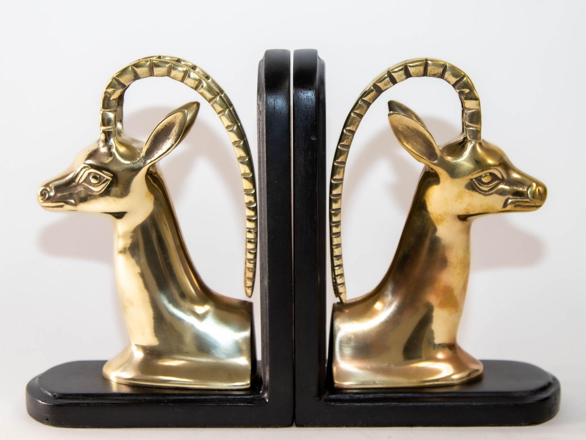 1950s Pair Art Deco Revival Polished Brass Gazelle Antelope Mount Bookends For Sale 7