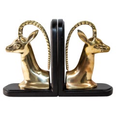1950s Pair Art Deco Revival Polished Brass Gazelle Antelope Mount Bookends