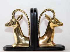 1950s Pair Art Deco Revival Polished Brass Gazelle Antelope Mount Bookends
