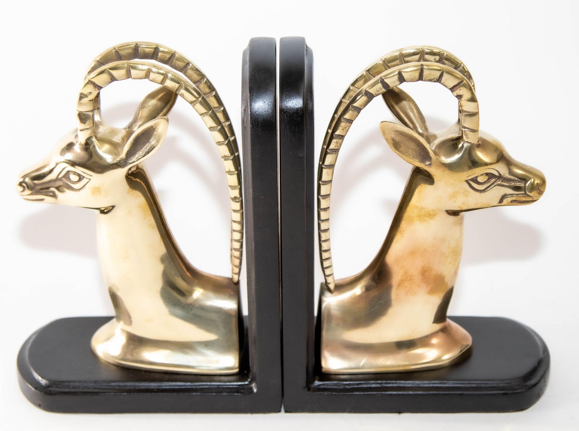 American 1950s Pair Art Deco Revival Polished Brass Gazelle Antelope Mount Bookends For Sale
