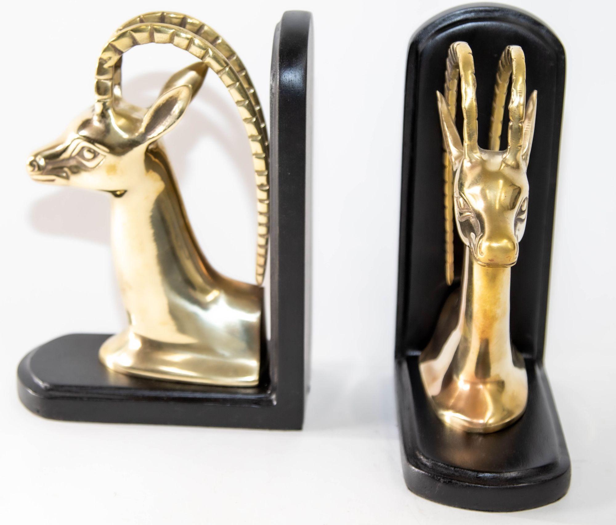 Cast 1950s Pair Art Deco Revival Polished Brass Gazelle Antelope Mount Bookends For Sale