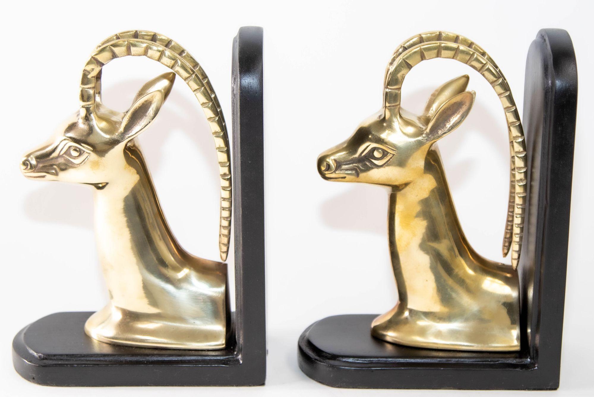 1950s Pair Art Deco Revival Polished Brass Gazelle Antelope Mount Bookends In Good Condition For Sale In North Hollywood, CA