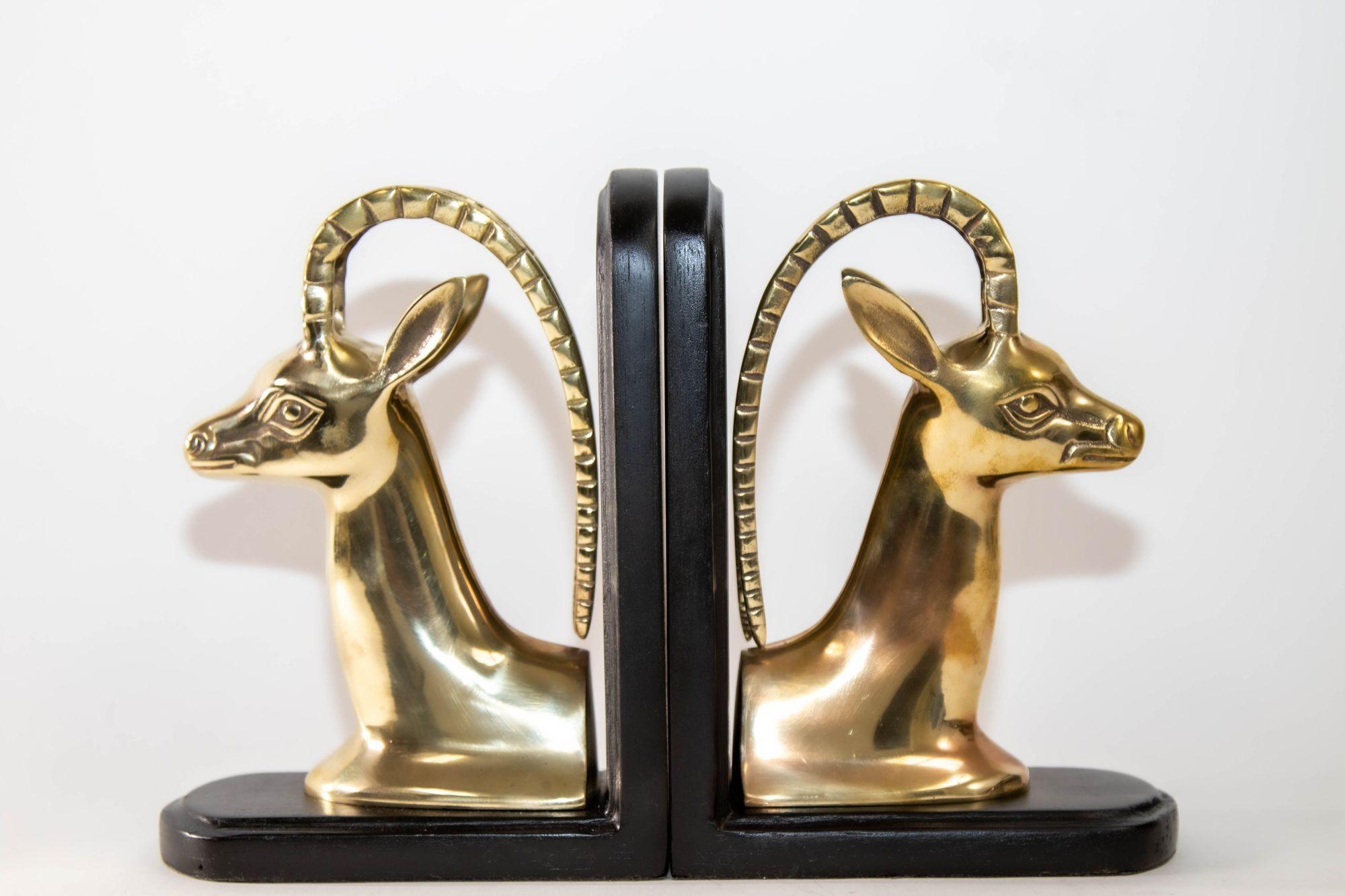 20th Century 1950s Pair Art Deco Revival Polished Brass Gazelle Antelope Mount Bookends For Sale