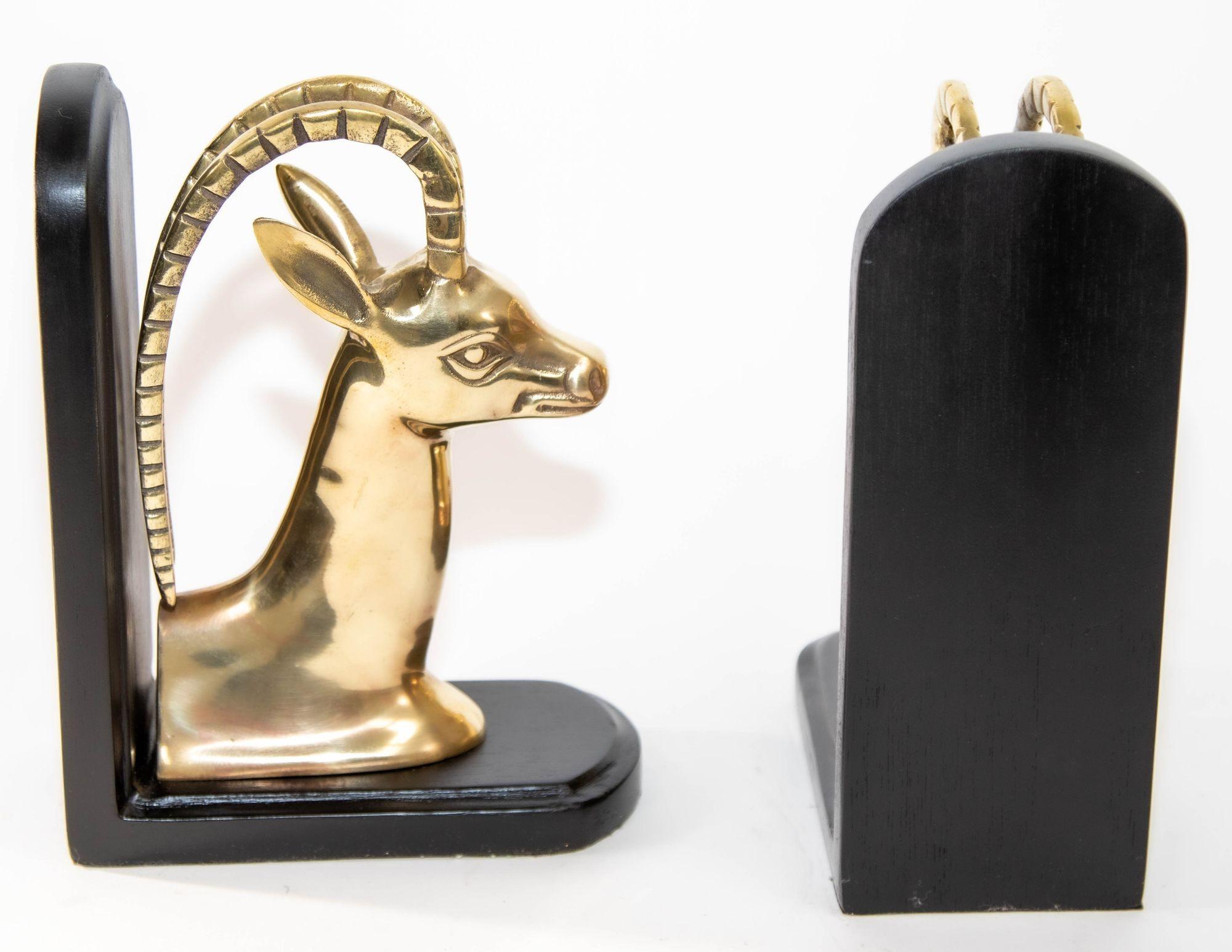 1950s Pair Art Deco Revival Polished Brass Gazelle Antelope Mount Bookends For Sale 1