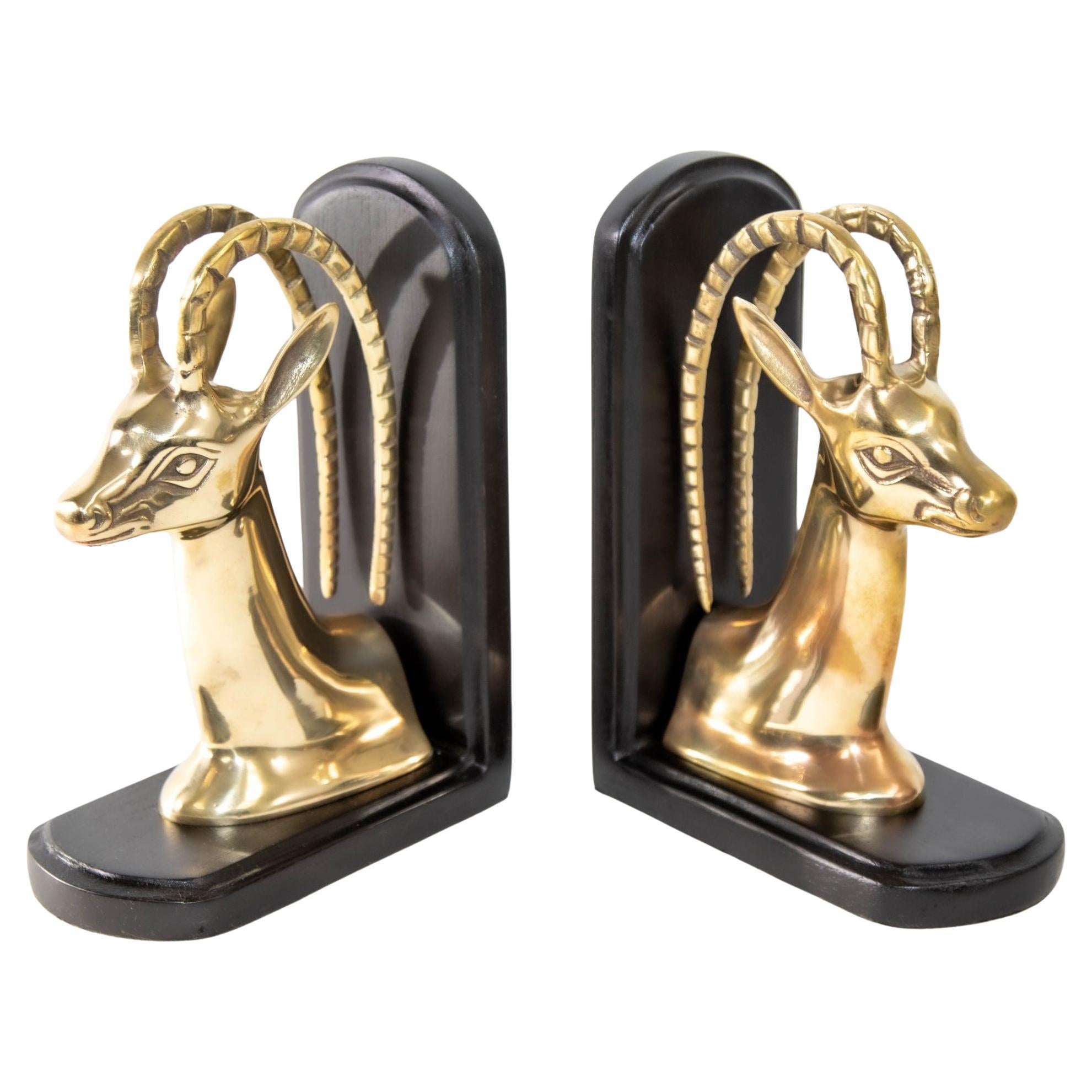 1950s Pair Art Deco Revival Polished Brass Gazelle Antelope Mount Bookends For Sale
