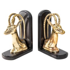 Vintage 1950s Pair Art Deco Revival Polished Brass Gazelle Antelope Mount Bookends