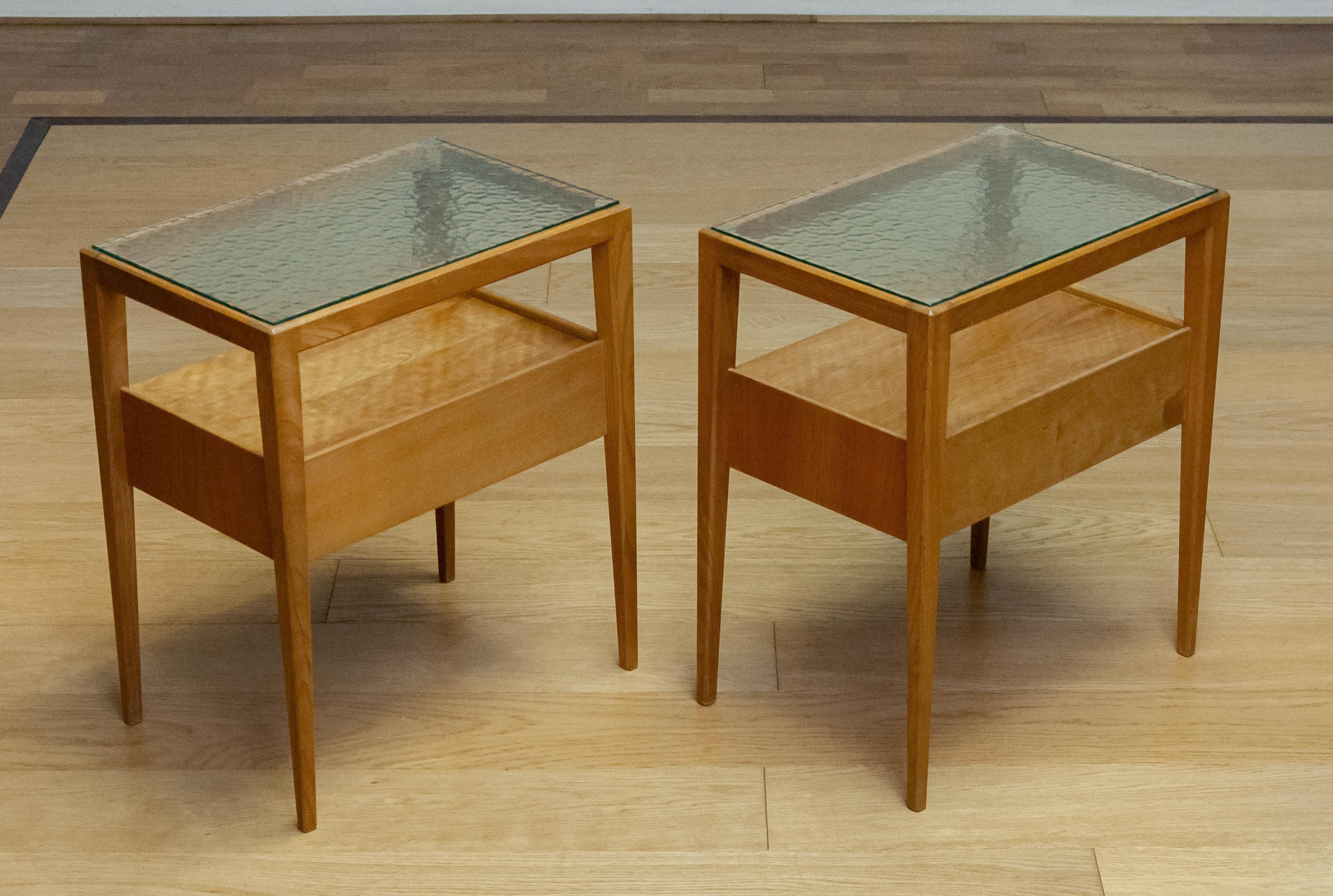 Mid-20th Century 1950s Pair Bedside Tables In Elm With Glass Top By Carl-Axel Acking For Bodafors For Sale