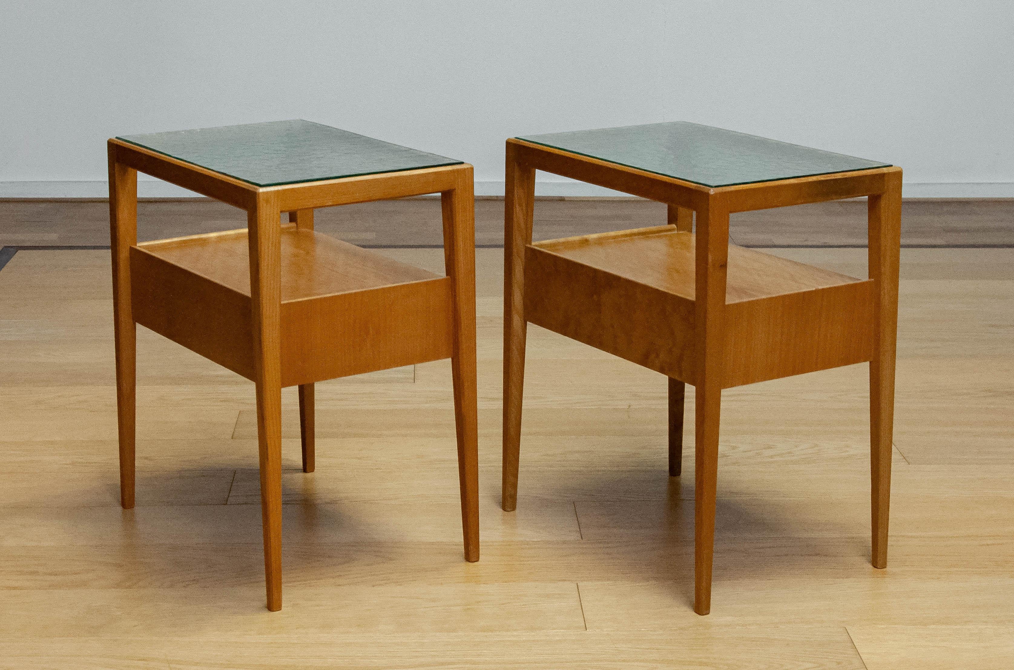 1950s Pair Bedside Tables In Elm With Glass Top By Carl-Axel Acking For Bodafors For Sale 1