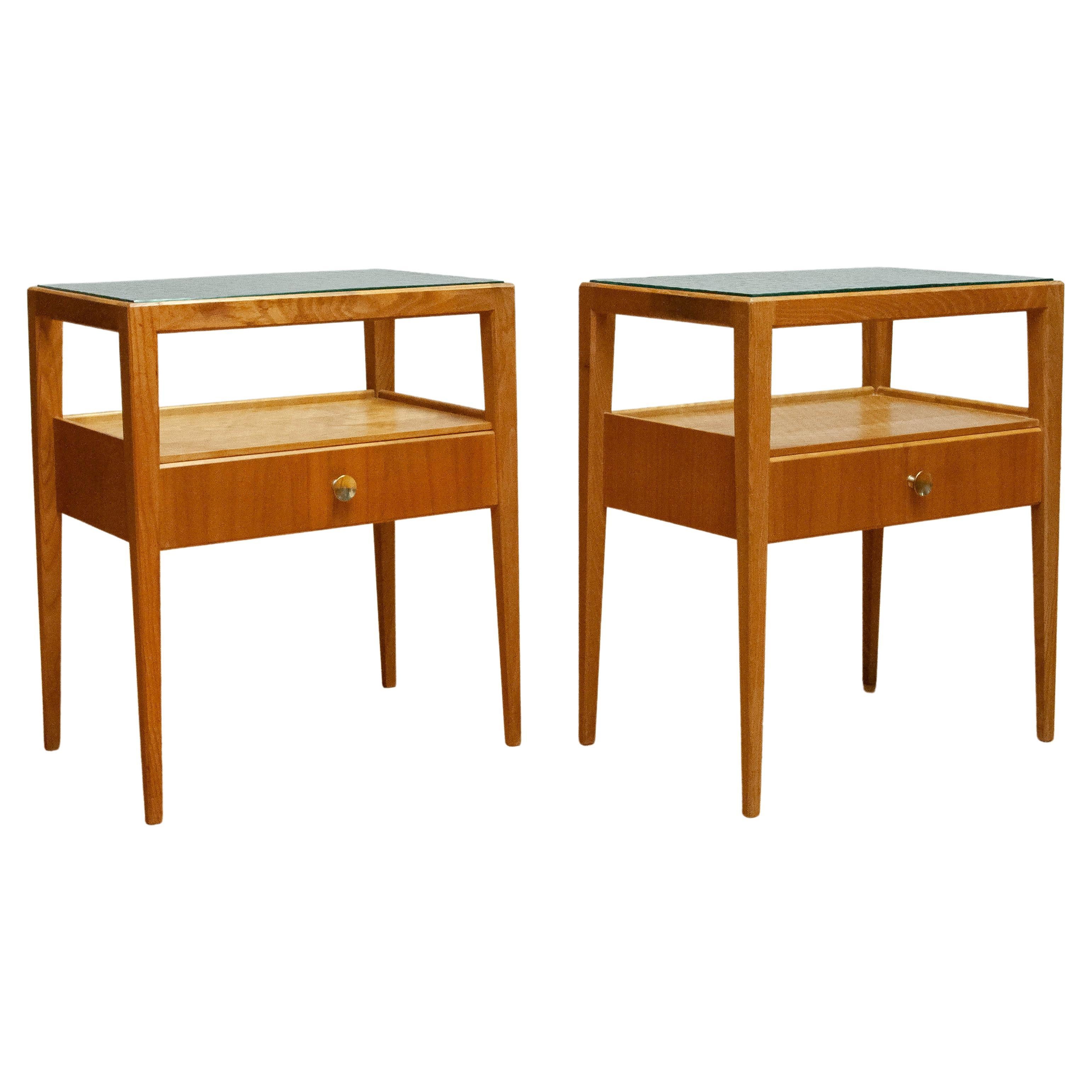 1950s Pair Bedside Tables In Elm With Glass Top By Carl-Axel Acking For Bodafors For Sale