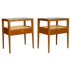 Vintage 1950s Pair Bedside Tables In Elm With Glass Top By Carl-Axel Acking For Bodafors