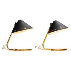 1950s Pair Black With Brass 'Model GK14' Table Lamps By Erik Wärnå For Gnosjö