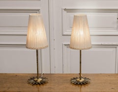 1950s, Pair Brass Sun Burst Table / Mantelpiece Lamps With Linen Shades