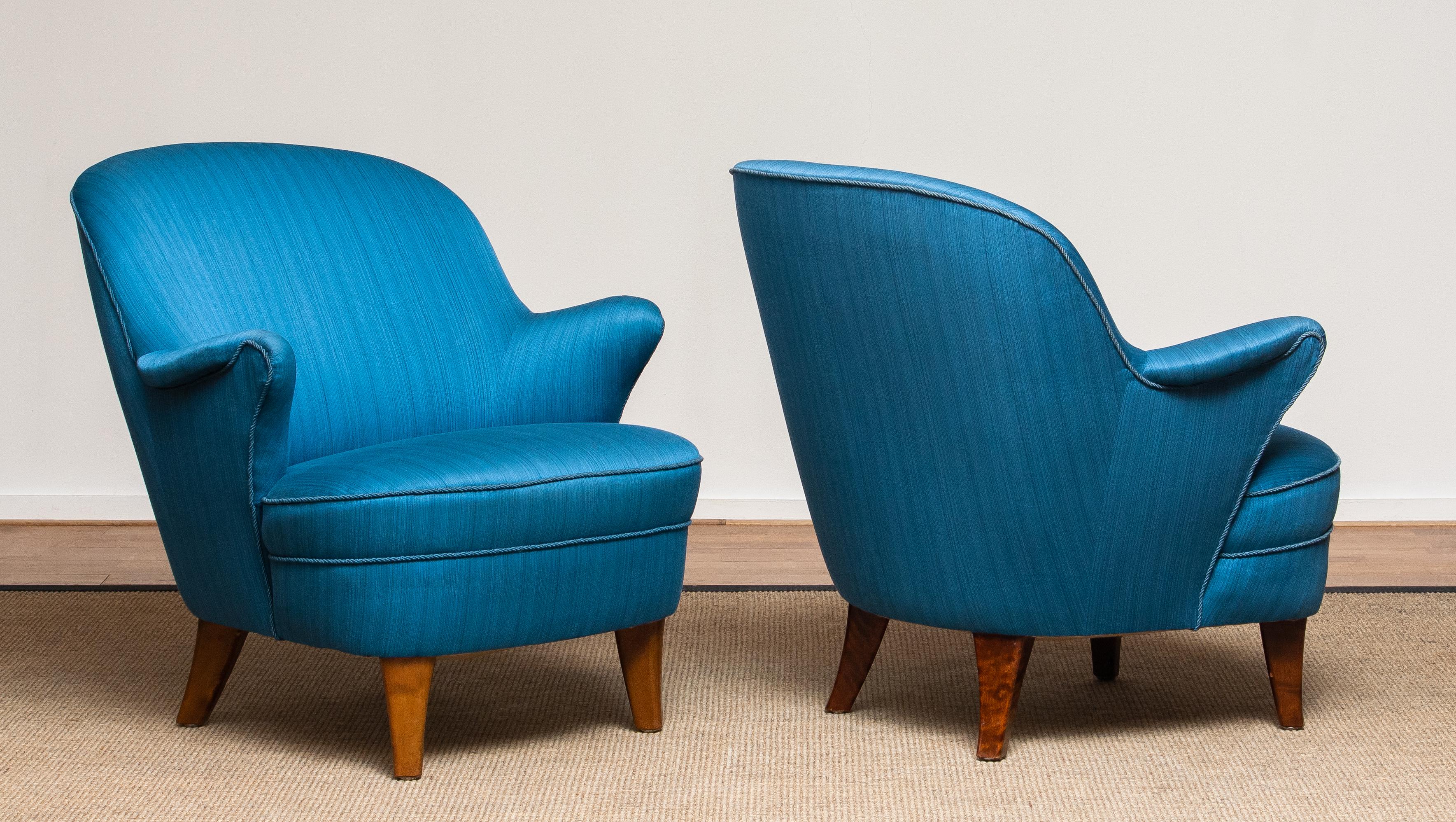 1950s Pair Club / Lounge Chairs in the Manner of Kurt Olsen in Petrol Fabric 4