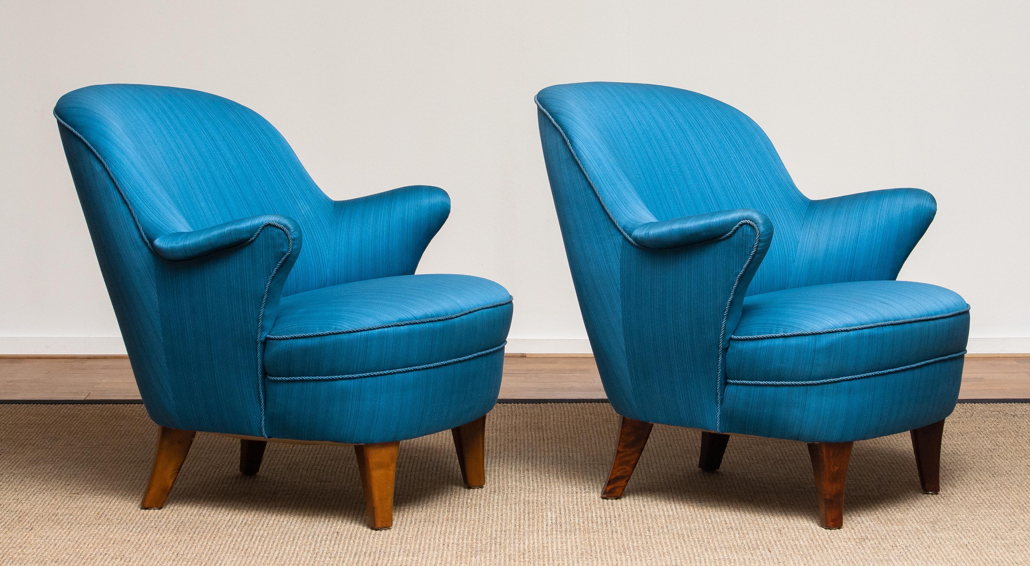 1950s Pair Club / Lounge Chairs in the Manner of Kurt Olsen in Petrol Fabric 5