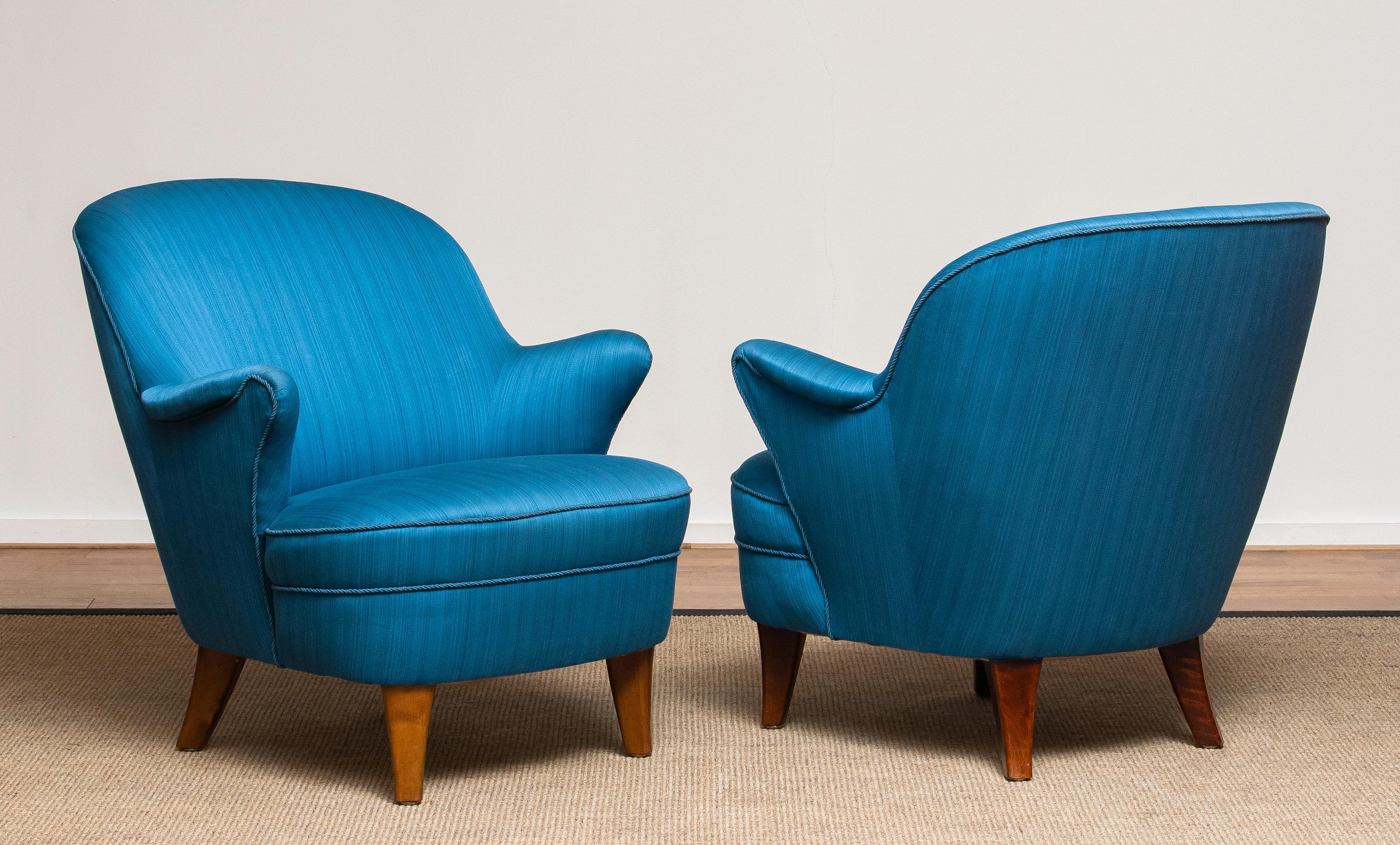 1950s Pair Club / Lounge Chairs in the Manner of Kurt Olsen in Petrol Fabric 3