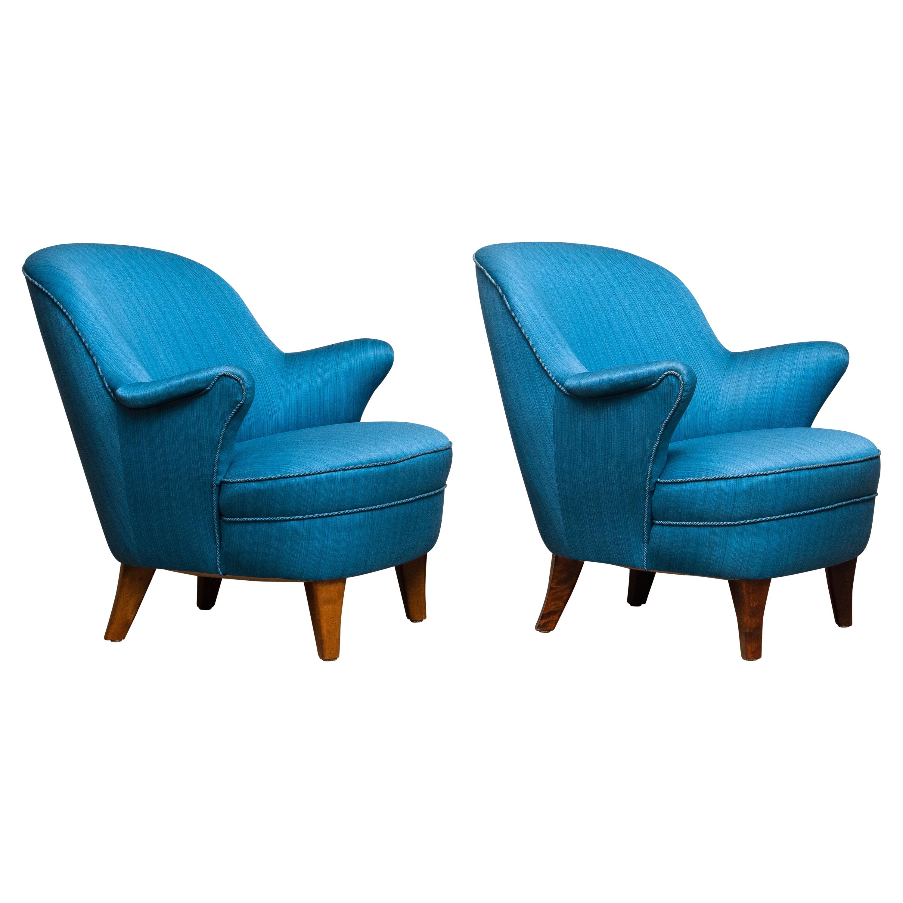 1950s Pair of Club / Lounge Chairs in the Manner of Kurt Olsen in Petrol Fabric