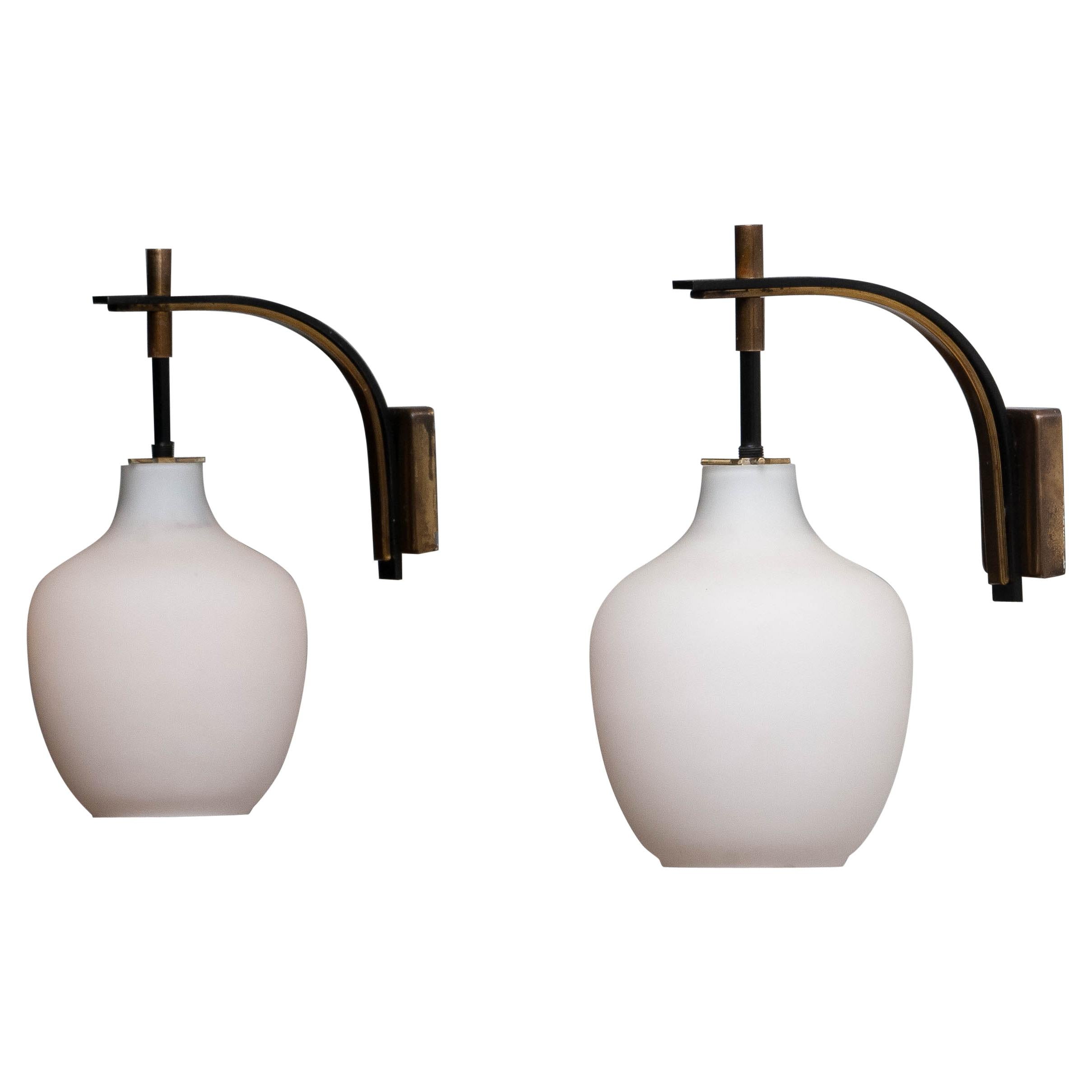 1950s Pair Italian Black and Brass, Frosted Glass and Wall Lights by Stilnovo