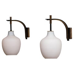 1950s Pair Italian Black and Brass, Frosted Glass and Wall Lights by Stilnovo