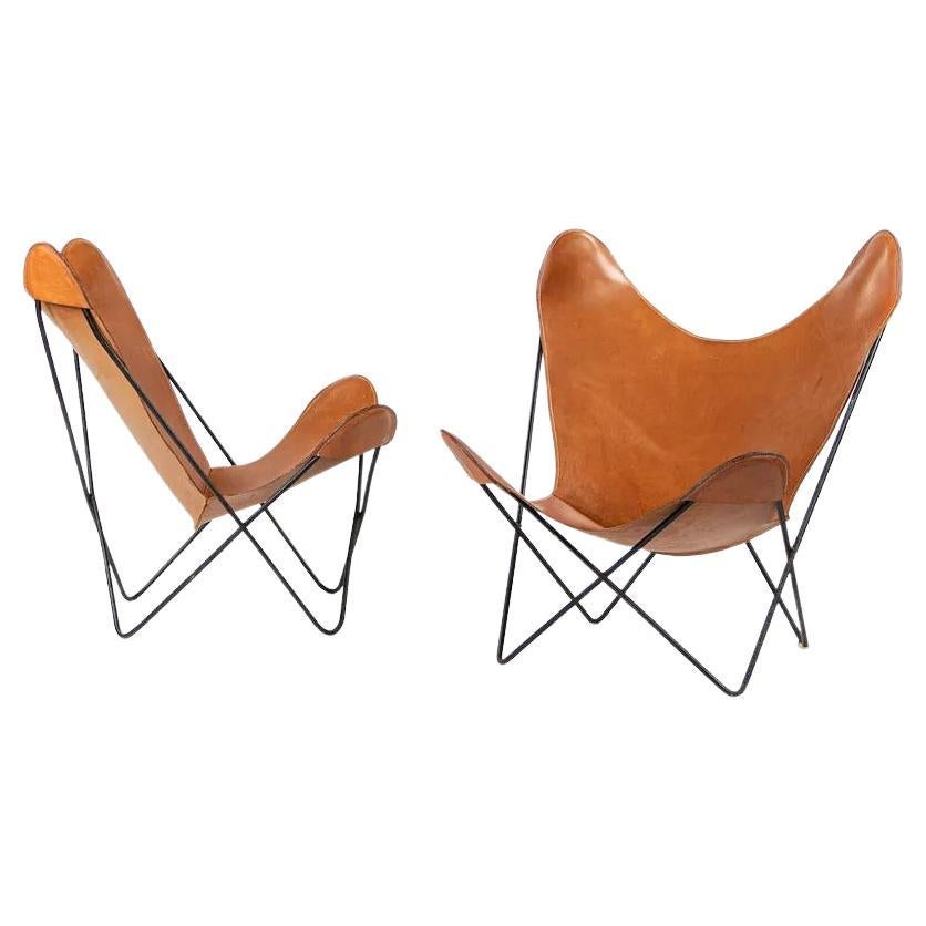 1950s Pair Knoll Leather Butterfly Chairs Jorge Ferrari Hardoy Bonet and Kurchan For Sale