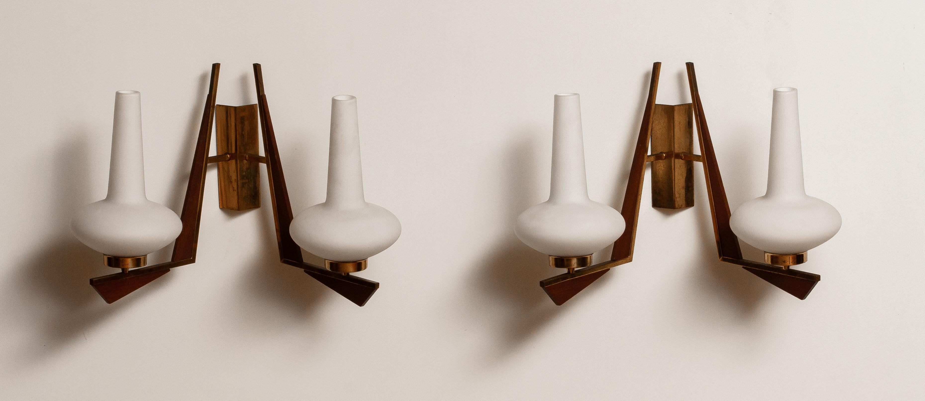 Mid-20th Century 1950s Pair Large Italian Brass, Frosted Glass and Teak Double Arms Wall Lights
