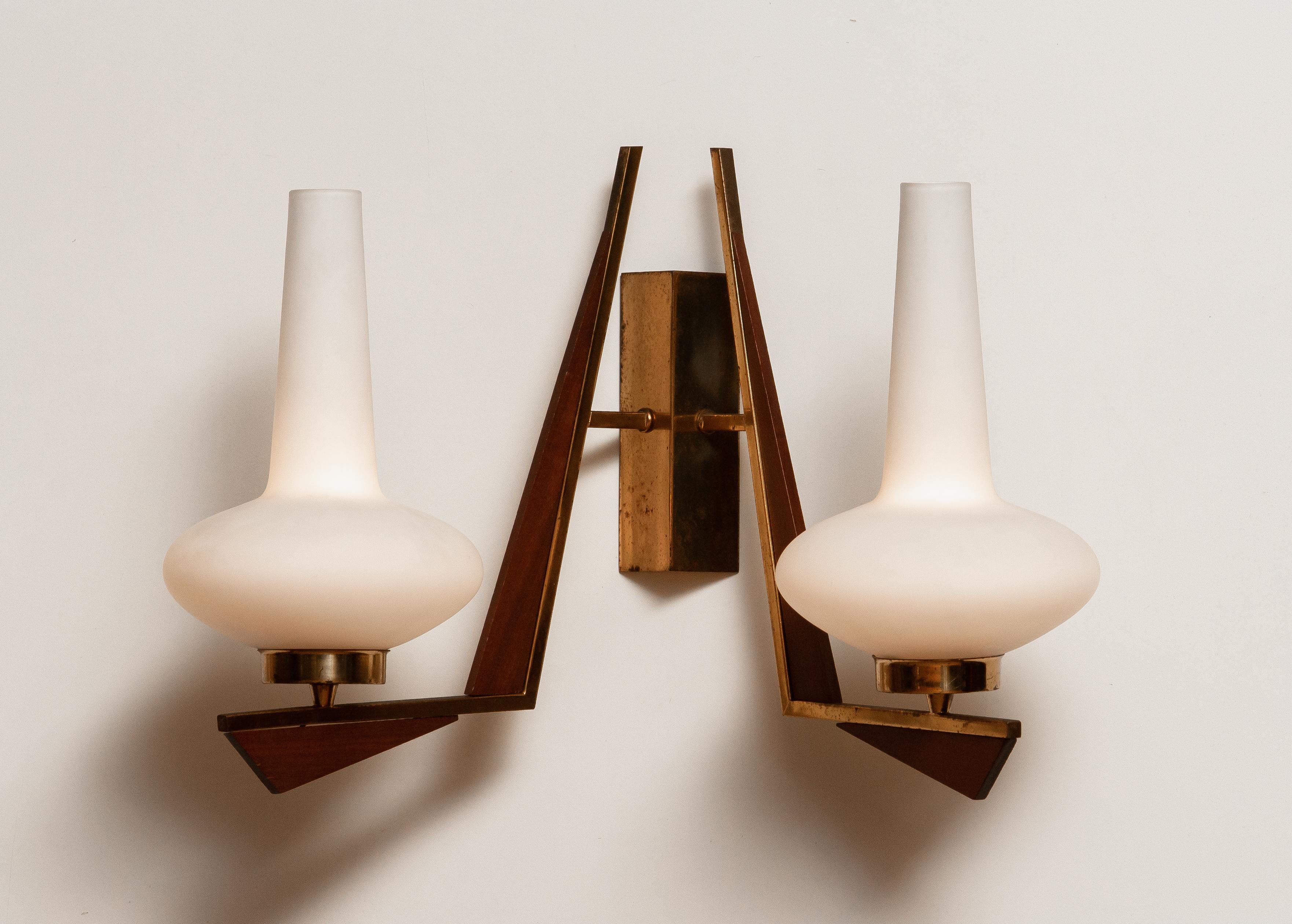 1950s Pair Large Italian Brass, Frosted Glass and Teak Double Arms Wall Lights 1