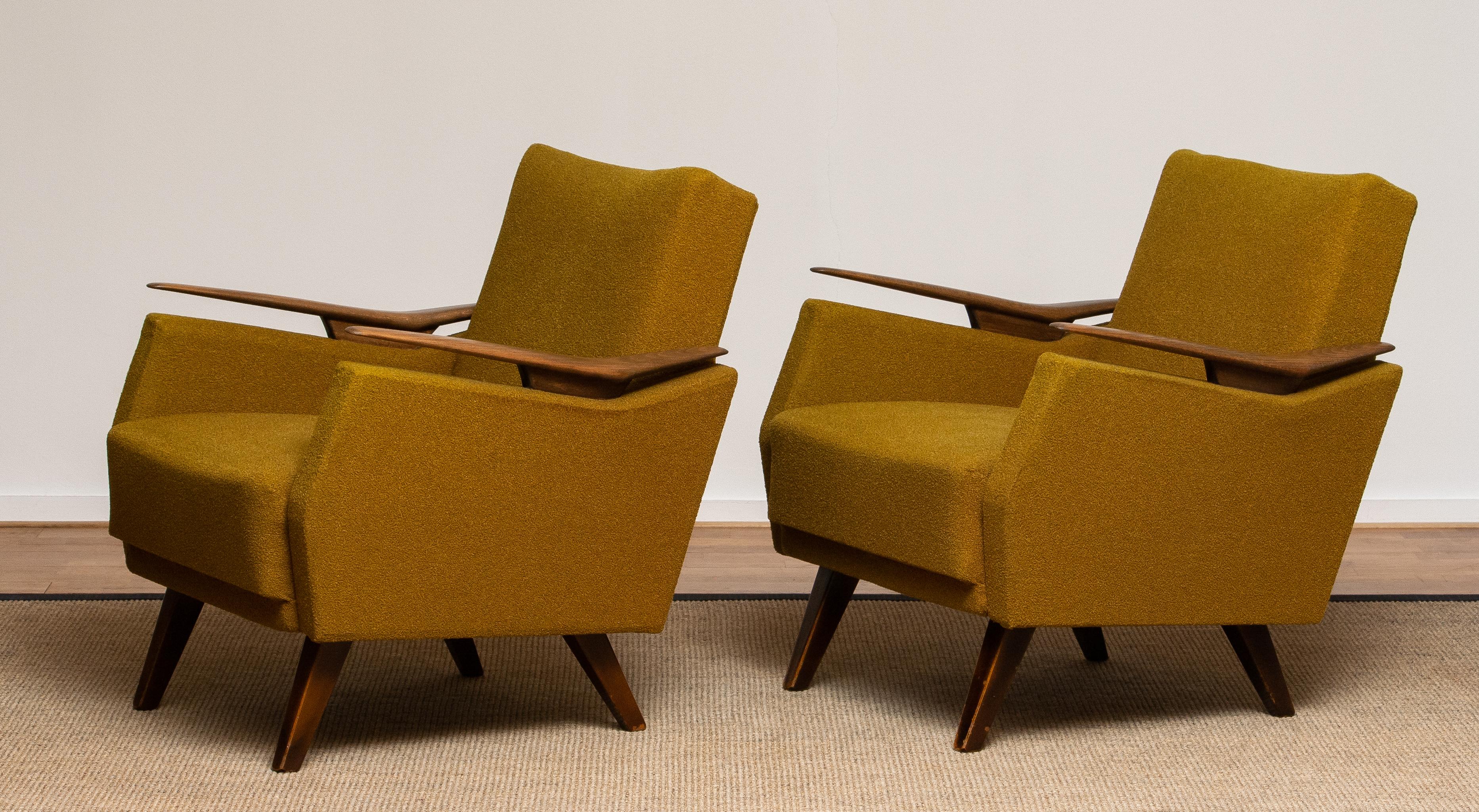 Mid-20th Century 1950's Pair Lounge / Easy / Club Chairs Made in Germany with Wooden Armrests