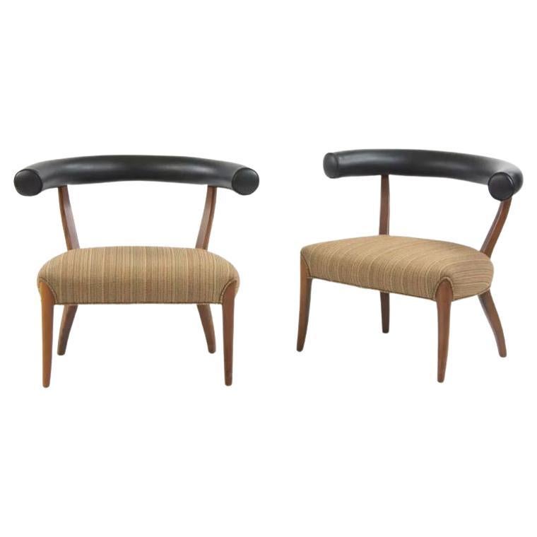 1950's Pair Mid Century Modern Danish Walnut Upholstered Barrel Arm Chairs For Sale