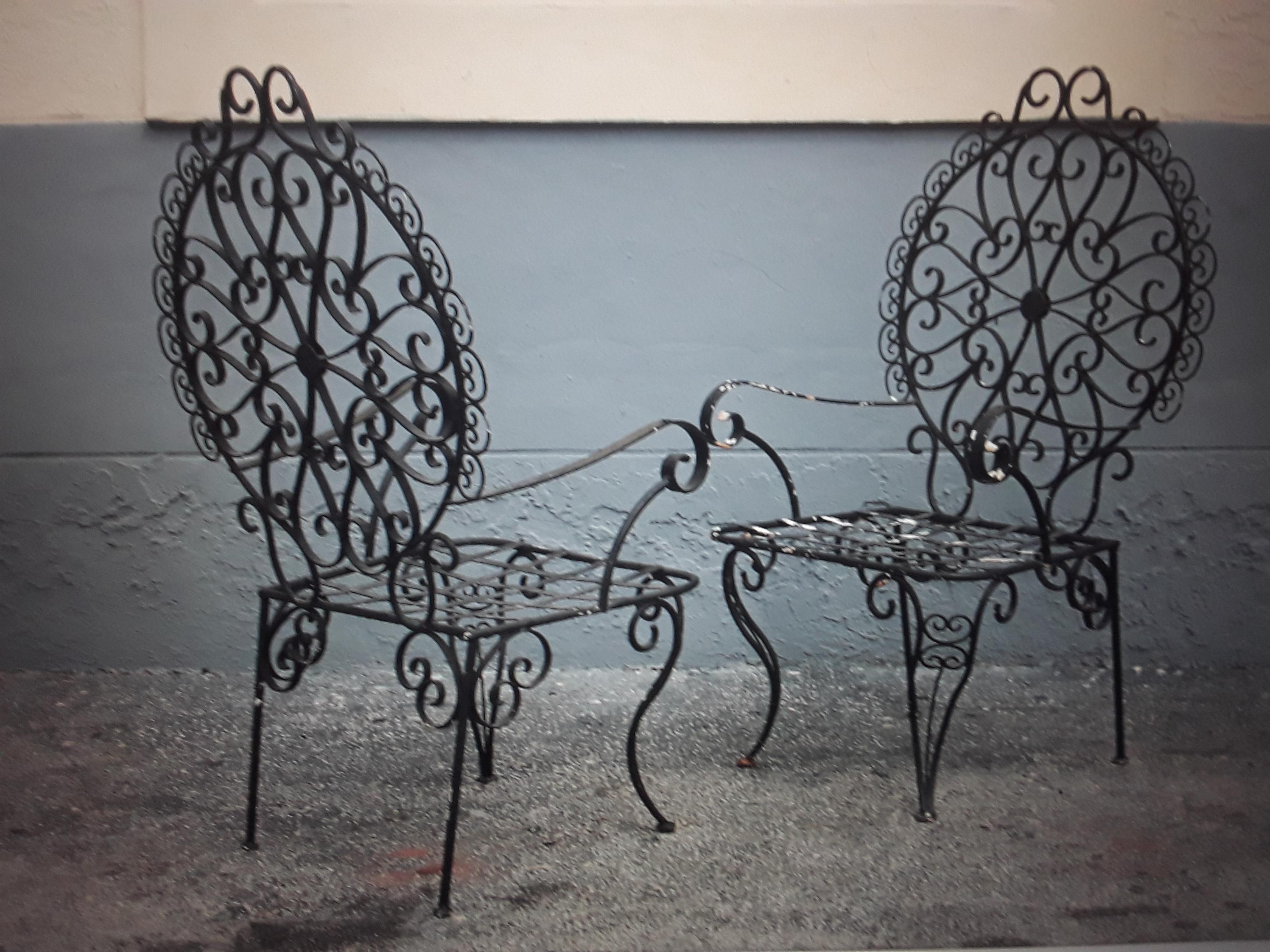 Mid-Century Modern 1950s Pair Mid Century Patinated Wrought Iron Garden Chairs For Sale