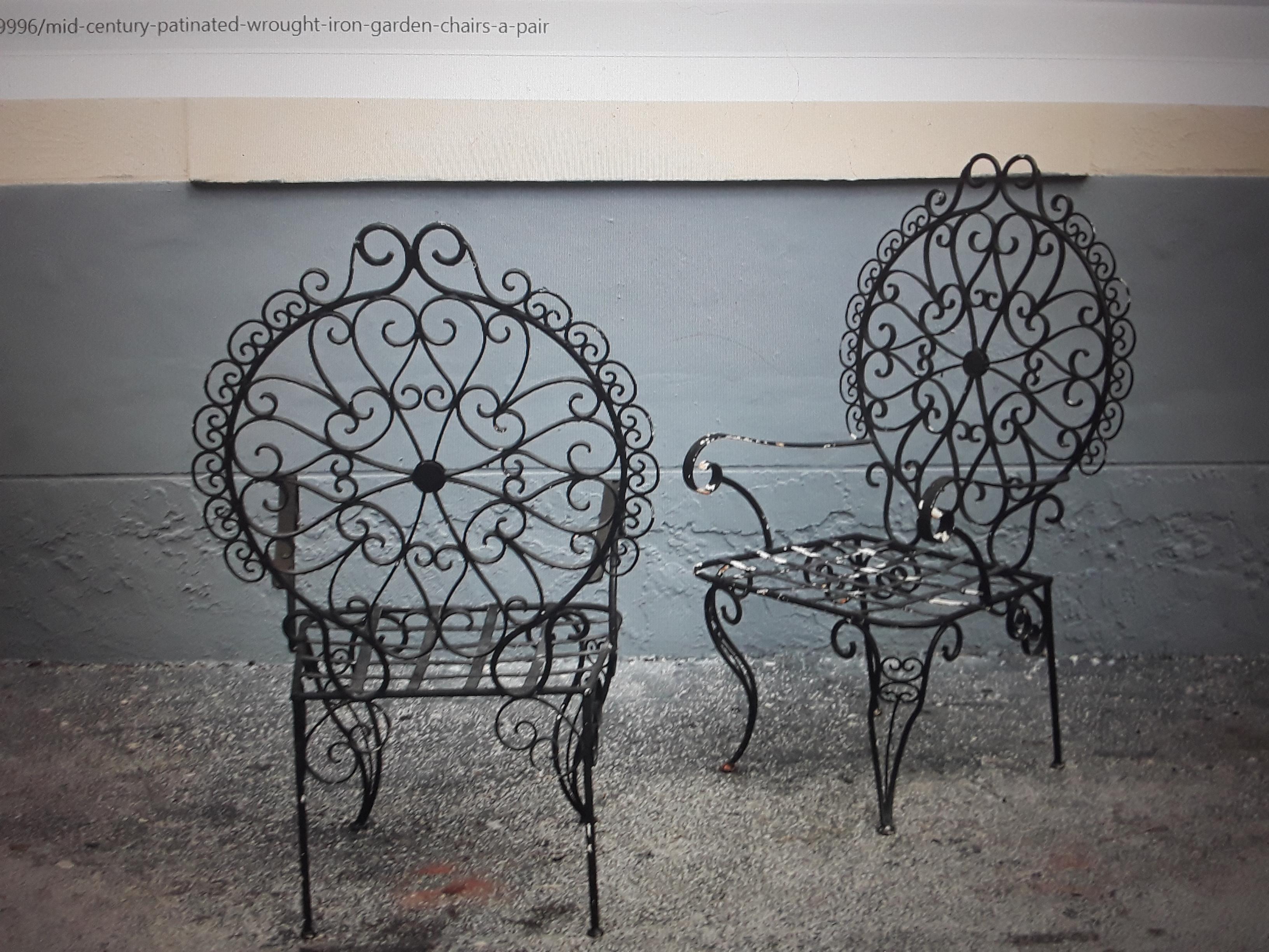 American 1950s Pair Mid Century Patinated Wrought Iron Garden Chairs For Sale