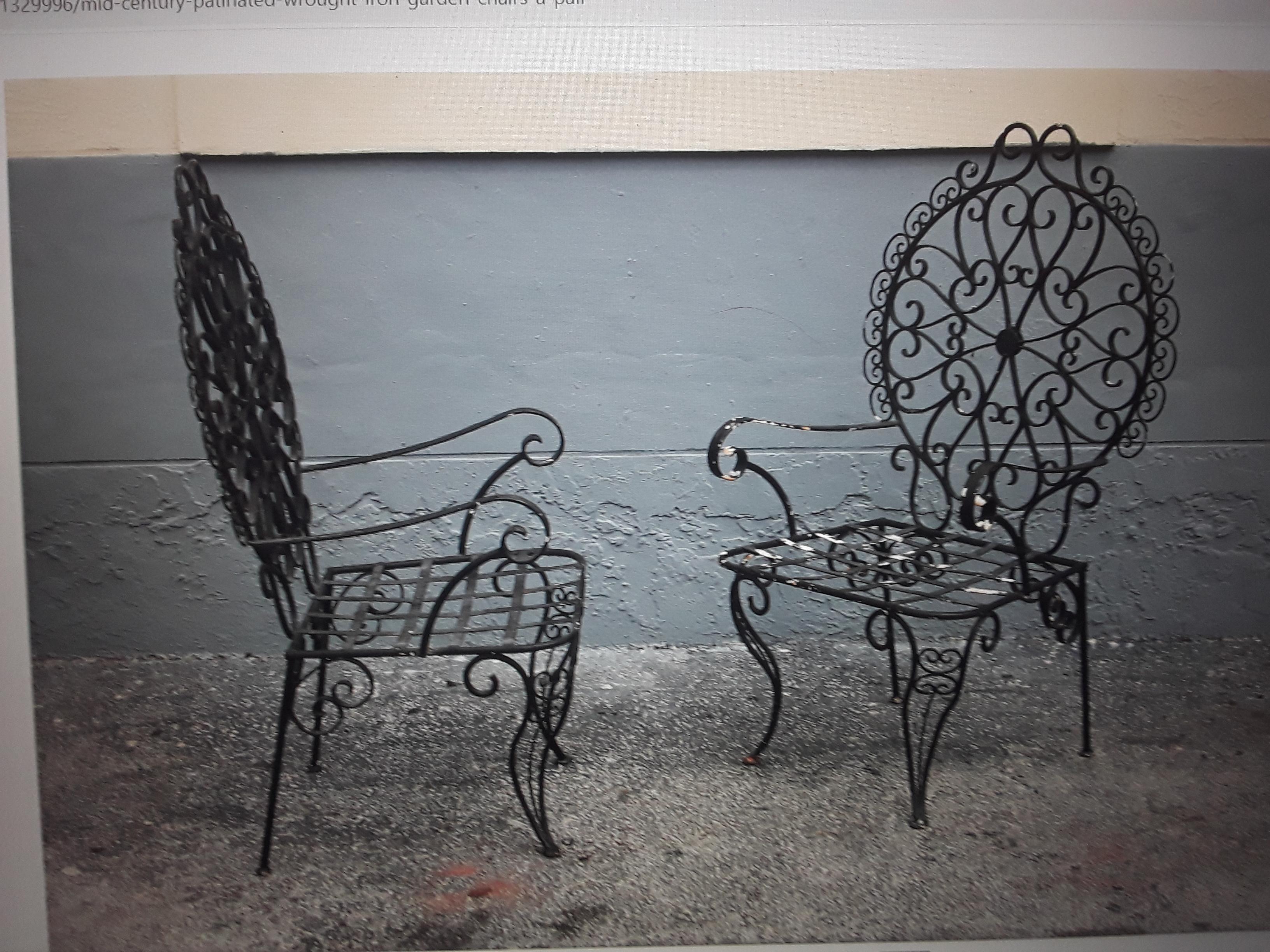 1950s Pair Mid Century Patinated Wrought Iron Garden Chairs In Good Condition For Sale In Opa Locka, FL
