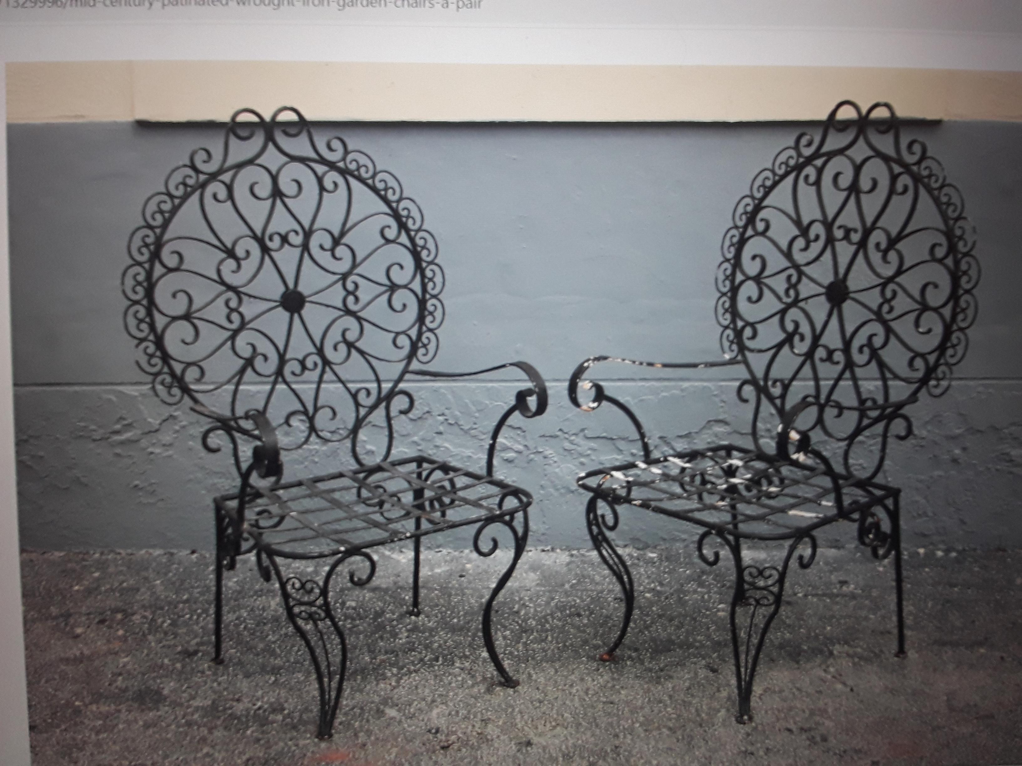 Mid-20th Century 1950s Pair Mid Century Patinated Wrought Iron Garden Chairs For Sale