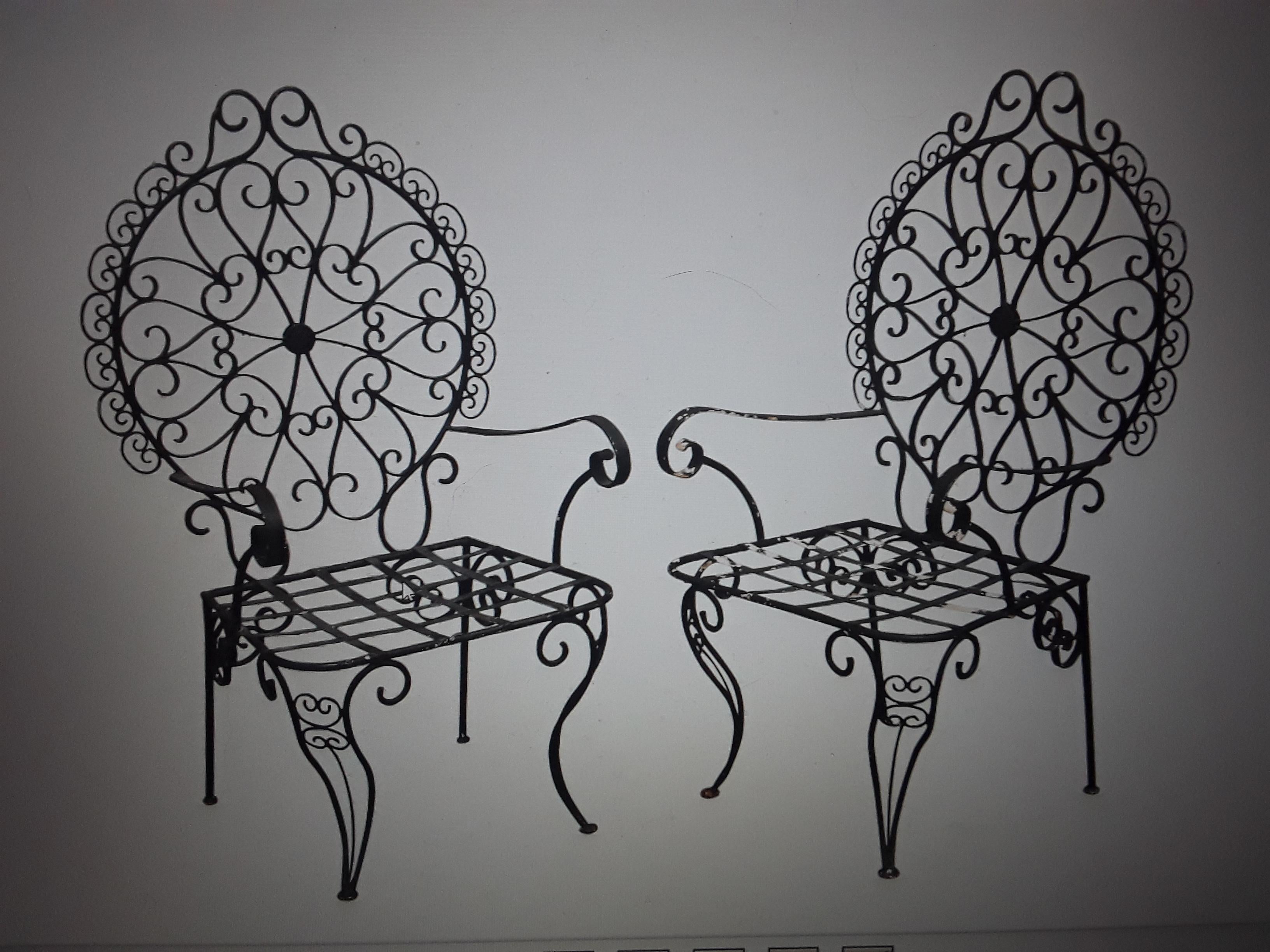 1950s Pair Mid Century Patinated Wrought Iron Garden Chairs For Sale 2